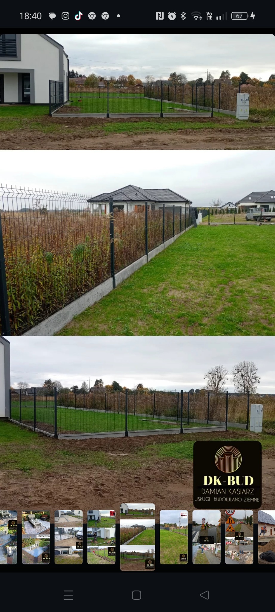 Nowoczesne ogrodzenie panelowe z podmurówką betonową otaczające posesję z trawnikiem i młodymi drzewkami, widok z zewnątrz.