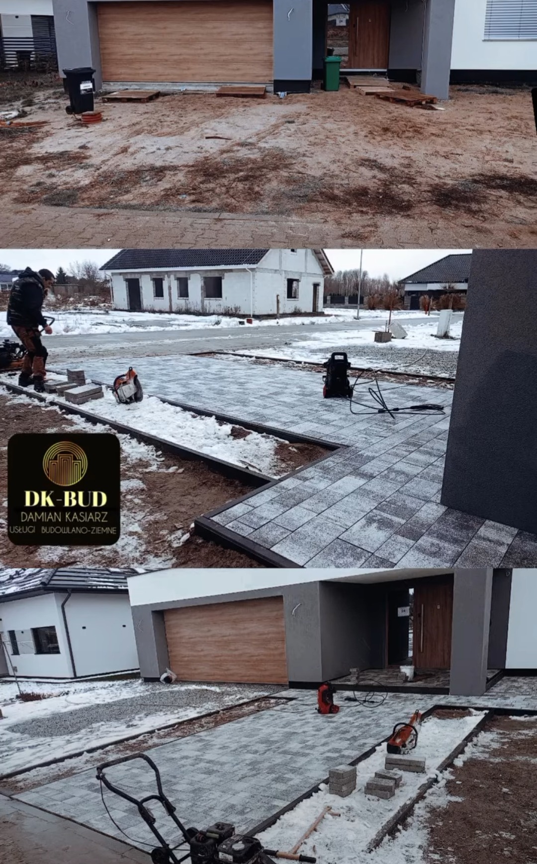Ułożona szara kostka brukowa przed domem jednorodzinnym w Stargardzie, widać narzędzia pracy i logo firmy DK-BUD.
