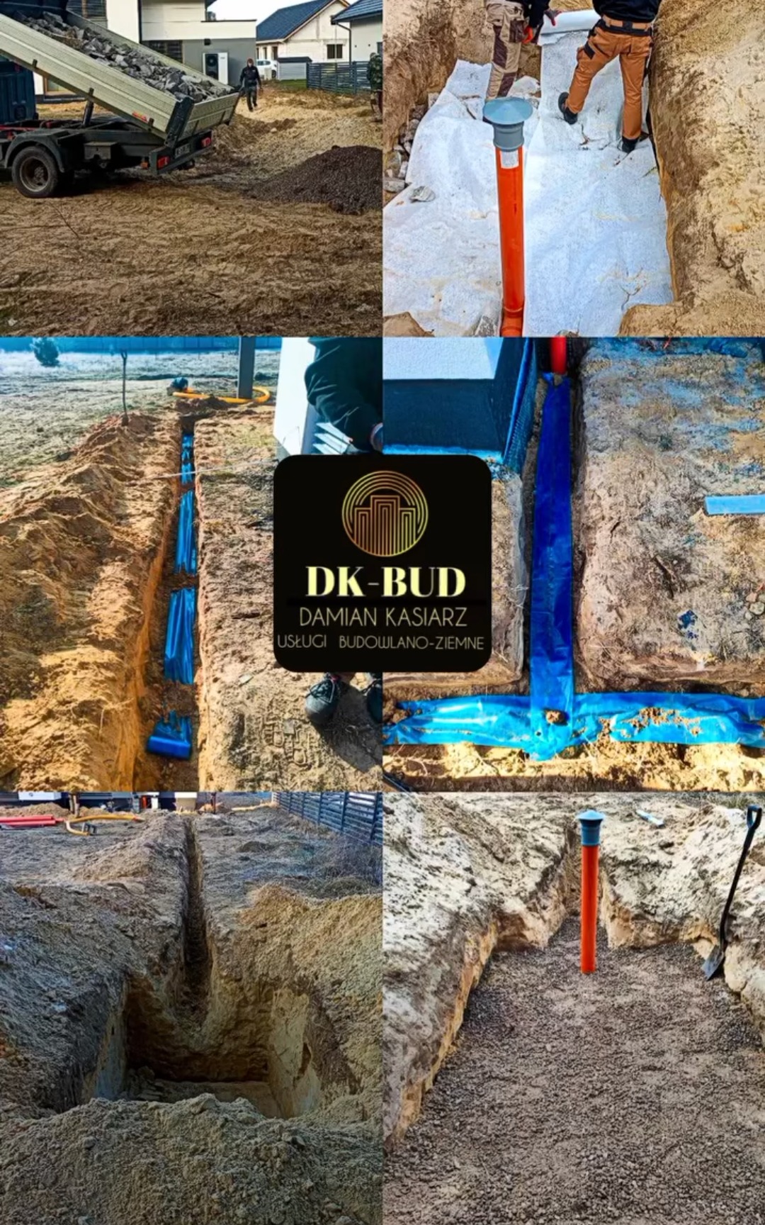 Kompozycja zdjęć z budowy: wywrotka z gruzem, wykop z pomarańczową rurą i folią, logo firmy DK-BUD Damian Kasiarz, wąski wykop pod ogrodzenie.