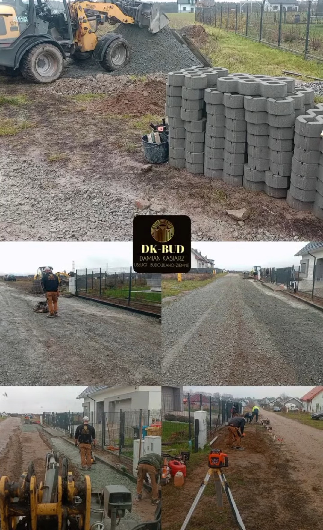 Żarowo: Żółta ładowarka nasypuje kruszywo obok stosu szarych, ażurowych bloczków betonowych. W tle widoczny teren przygotowany pod budowę, ogrodzenie panelowe i domy jednorodzinne. Na kolażu...