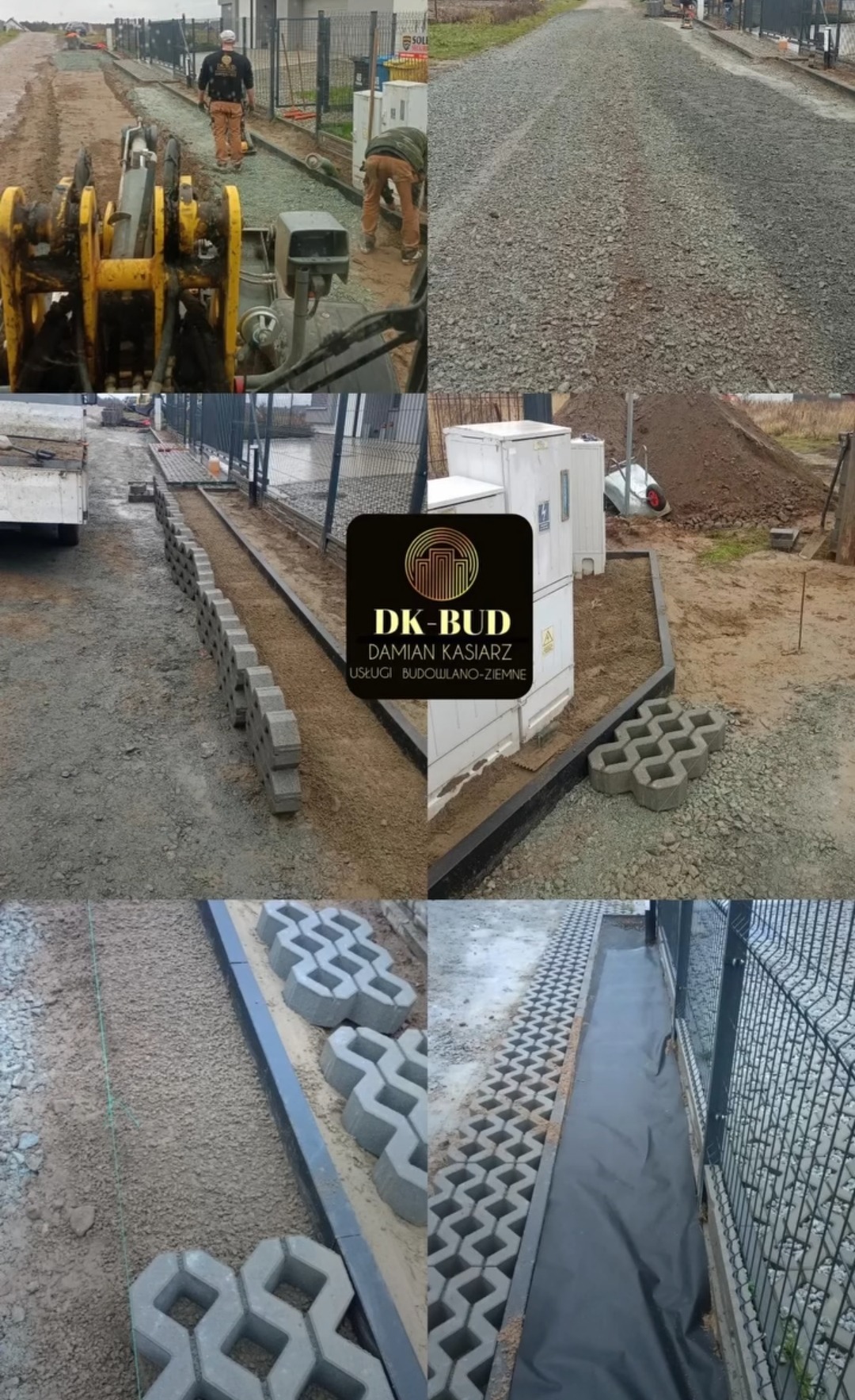 Żarowo: Przygotowanie podłoża pod nawierzchnię z przepuszczalnej kostki, widoczna warstwa kruszywa, obrzeża i geowłóknina przy ogrodzeniu.