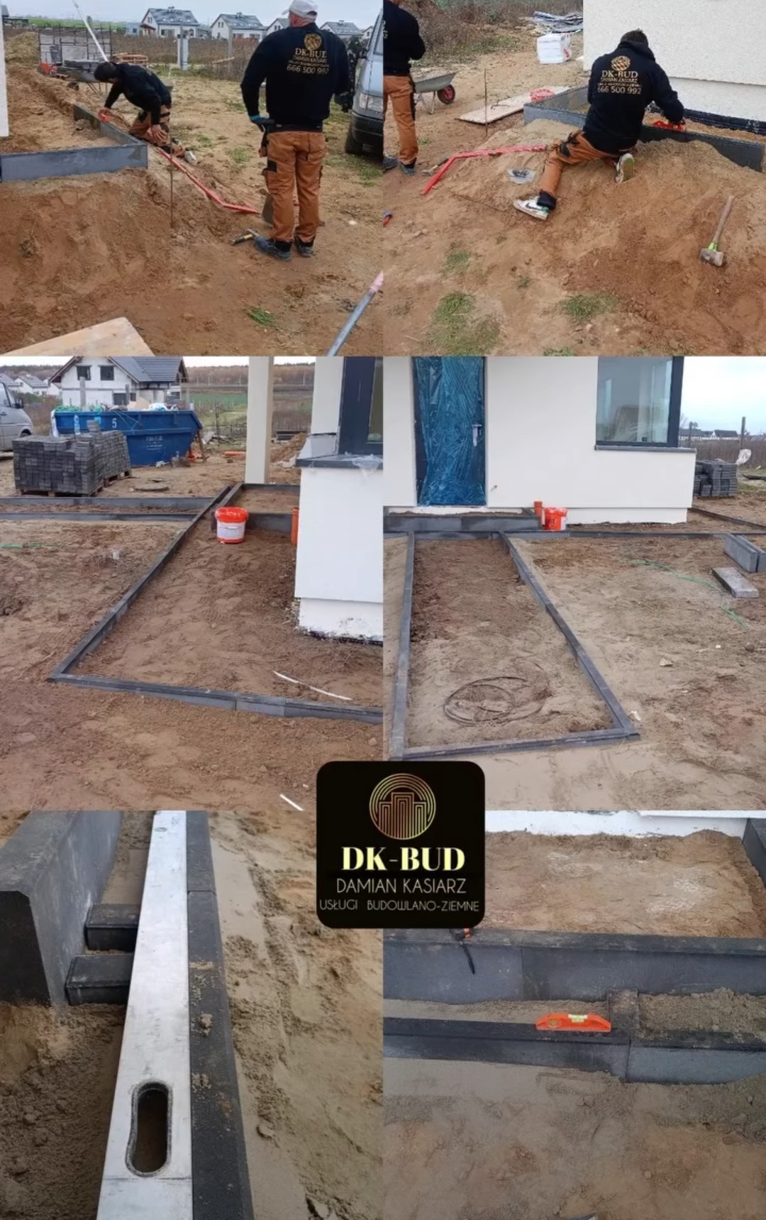 Prace przygotowawcze do ułożenia nawierzchni: robotnicy układają obrzeża z kostki betonowej wokół domu, widoczne narzędzia i materiały budowlane, ziemia w wykopie wyrównana, w tle domy w zabudowie...