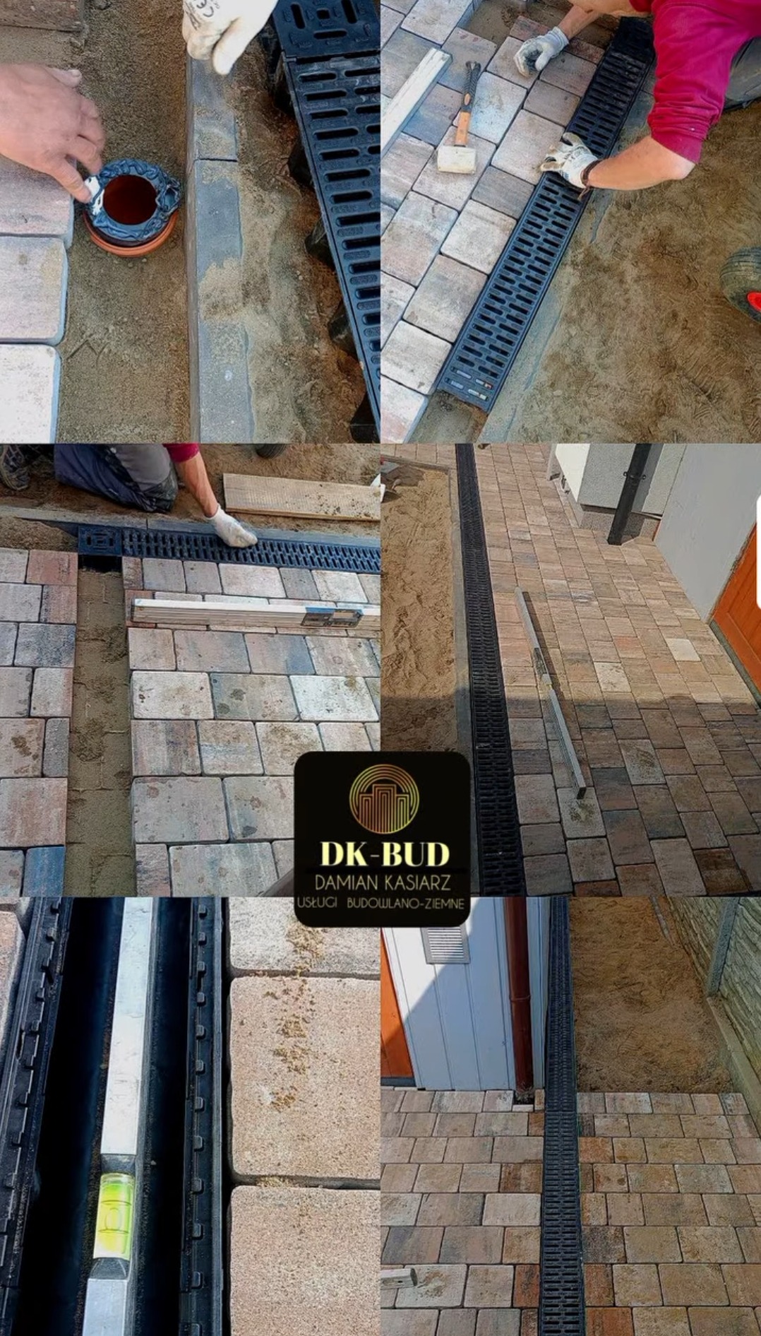 Ułożona kostka brukowa z zamontowanym odwodnieniem liniowym, widoczne etapy prac, narzędzia i elementy kanalizacji deszczowej w Stargardzie.