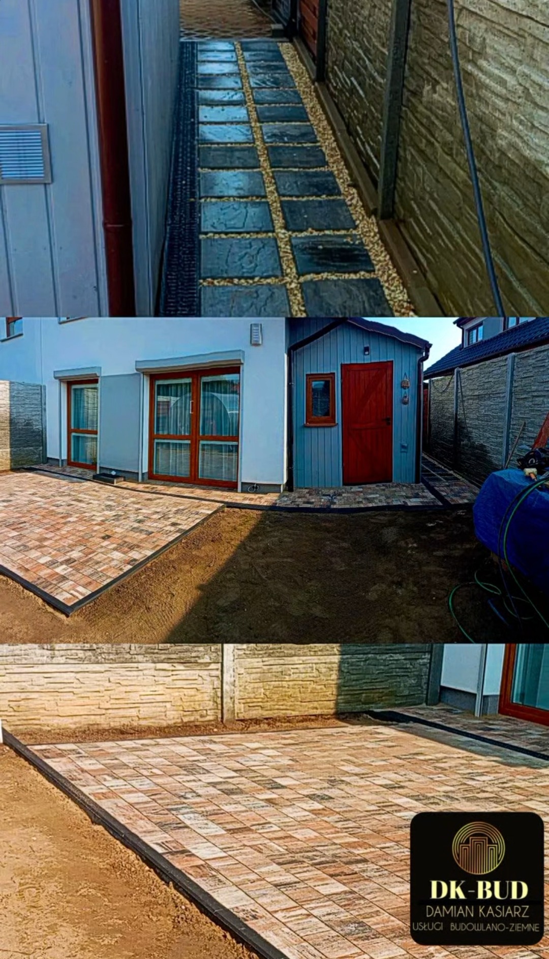 Trzy ujęcia: ścieżka z kostki brukowej z kamieniami, taras z kostki brukowej przy domu z niebieską szopą i logo firmy DK-BUD na tle tarasu z kostki.