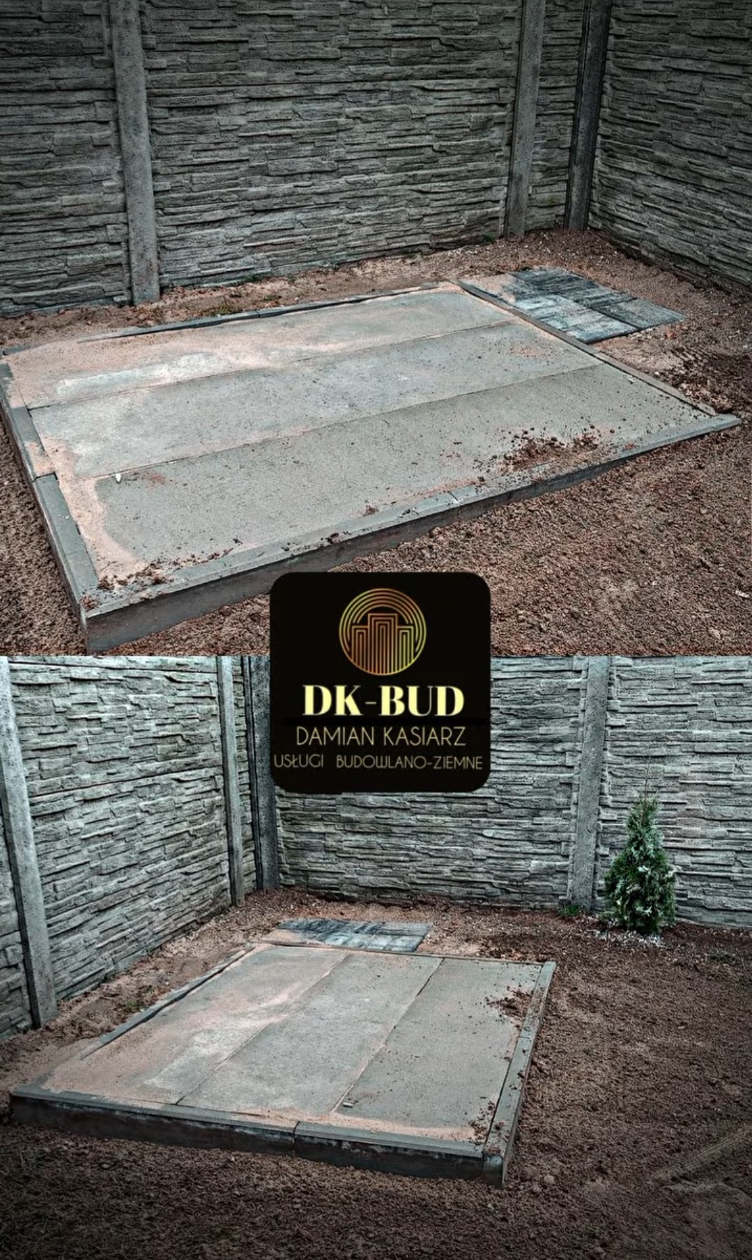 Przygotowane podłoże z obrzeżami pod budowę niewielkiego domku narzędziowego, otoczone betonowym ogrodzeniem imitującym kamień, z widocznym fragmentem starej kostki brukowej.