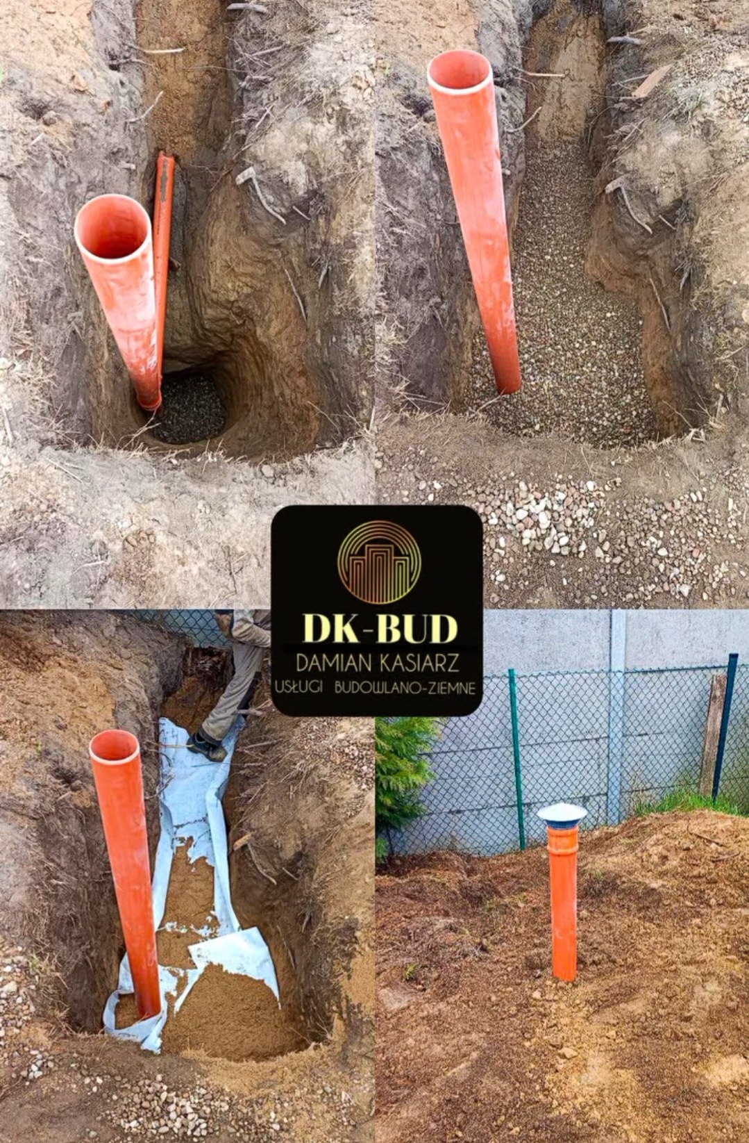 Fotokompozycja: Wykop pod rury kanalizacyjne z pomarańczowymi rurami w ziemi, dół wyłożony żwirem, fragment wykopu z folią i piaskiem, oraz rura wystająca z ziemi na tle ogrodzenia z siatki; logo...