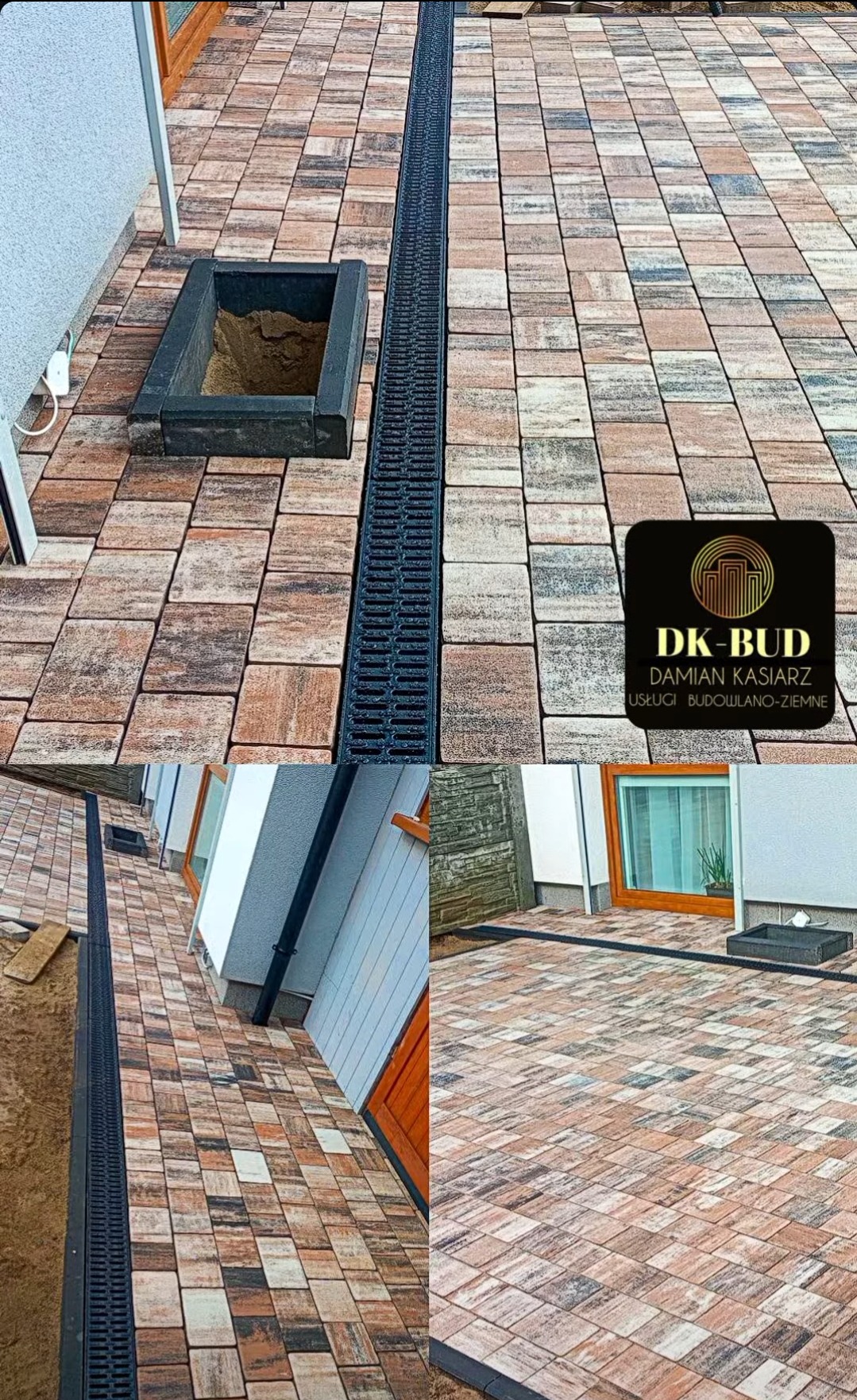 Ułożona kostka brukowa w odcieniach brązu i szarości z odpływem liniowym i studzienką rewizyjną, widok z góry na fragment posesji.