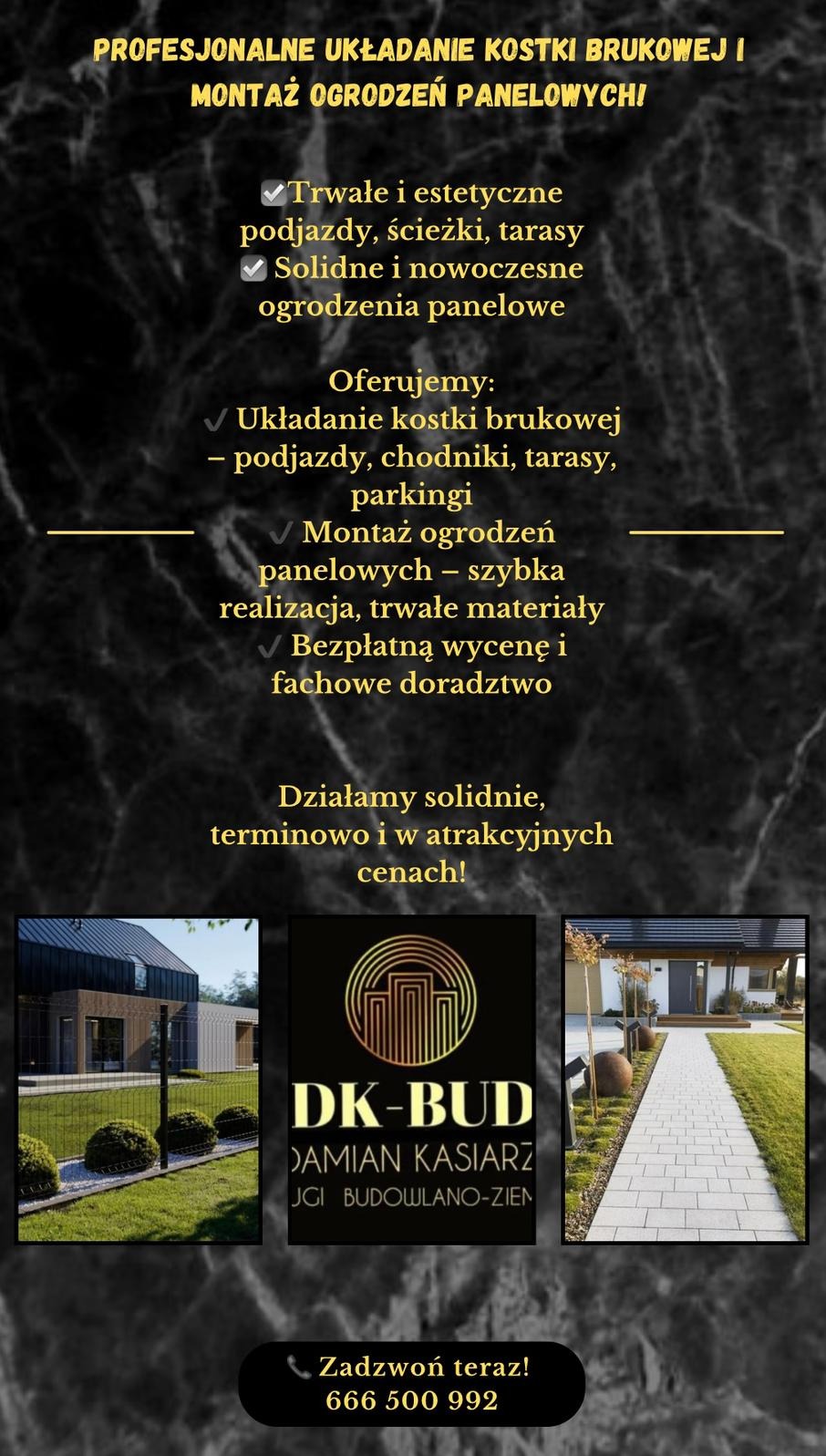 Grafika reklamowa firmy budowlanej oferującej układanie nawierzchni i montaż ogrodzeń panelowych, z przykładowymi realizacjami: nowoczesny dom z ogrodzeniem panelowym i zadbanym trawnikiem...