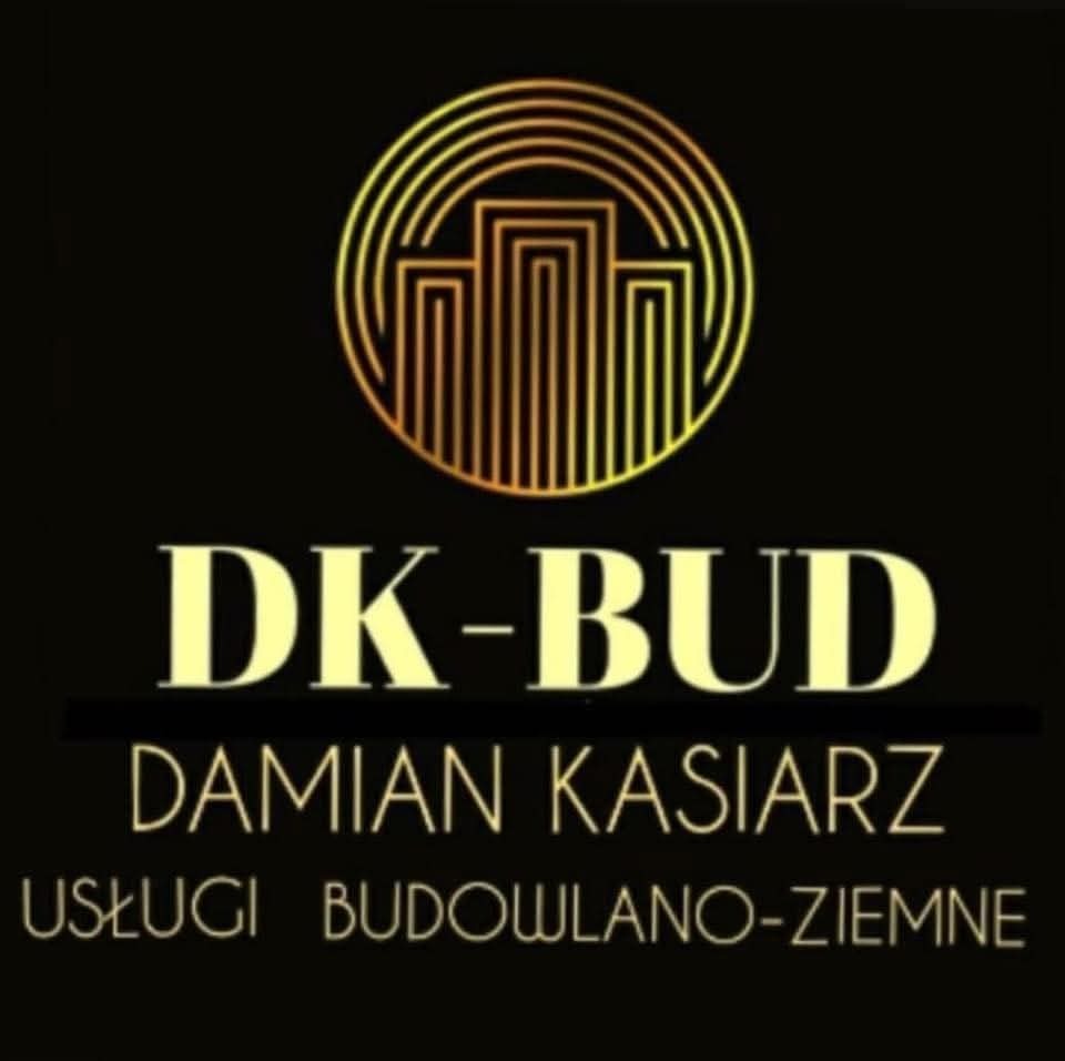 Złote logo firmy DK-BUD Damian Kasiarz świadczącej usługi budowlano-ziemne na czarnym tle, z abstrakcyjnym symbolem budynku w okręgu.