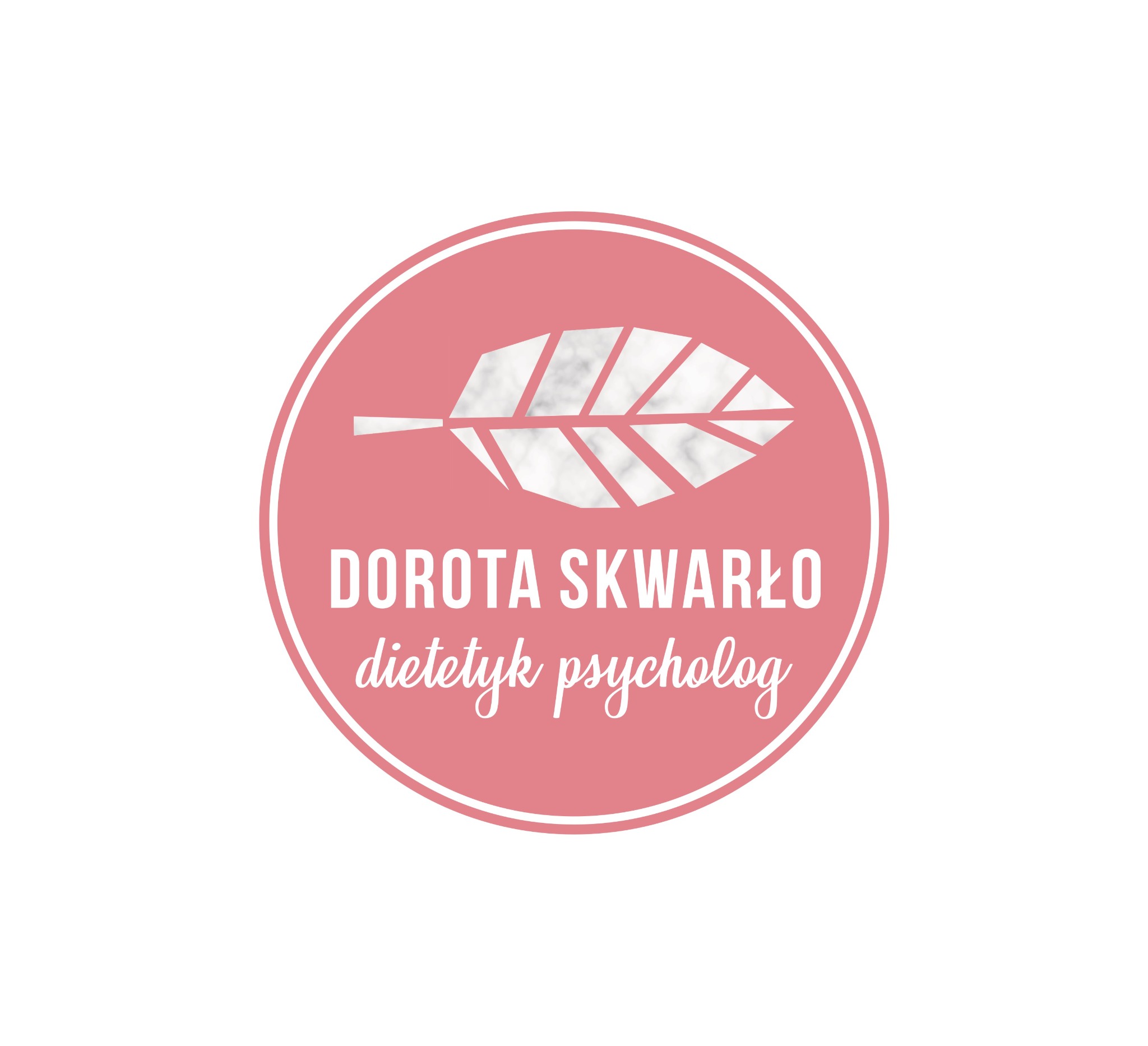 Logo Dorota Skwarło, dietetyk i psycholog, z abstrakcyjnym motywem liścia wewnątrz różowego okręgu.