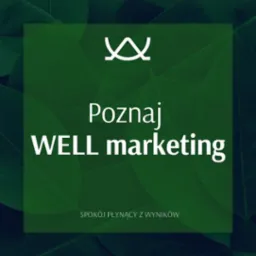 Grafika z napisem 'Poznaj WELL marketing' na tle zielonych liści, z minimalistycznym logo u góry i hasłem 'Spokój płynący z wyników' na dole.