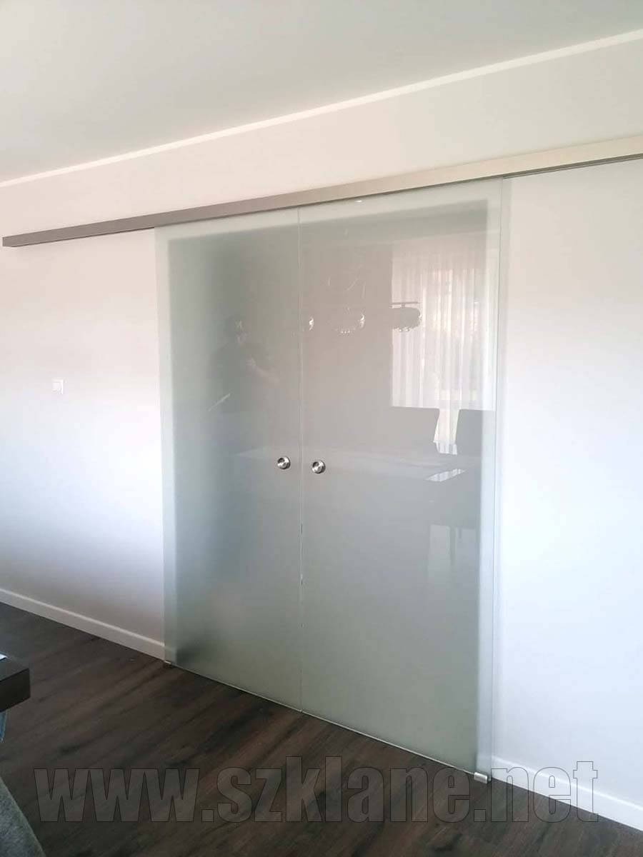Szklane drzwi przesuwne z matowego szkła, zamontowane na metalowej szynie, widoczne okrągłe uchwyty, podłoga z ciemnego drewna.