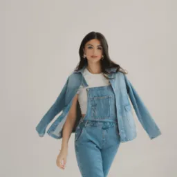 Kobieta w dżinsowym kombinezonie i kurtce pozuje na jasnym tle, z wyraźnym makijażem oczu i złotymi kolczykami.