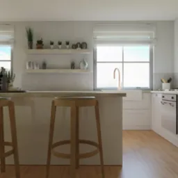 Jasna kuchnia w stylu skandynawskim z drewnianymi hokerami przy wyspie kuchennej, widok na okno i półki z dekoracjami.