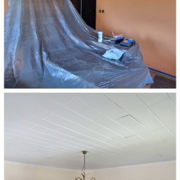 Krystian Miącz USŁUGI REMONTOWE - Pokój przed i po odświeżeniu koloru sufitu, widoczna różnica w barwie i zakryte meble folią ochronną podczas prac.