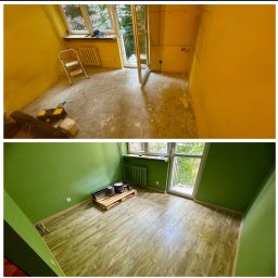 Krystian Miącz USŁUGI REMONTOWE - Zdjęcie przedstawia metamorfozę pokoju: od żółtych ścian i surowego podłoża do zielonych ścian i ułożonych paneli podłogowych. Na dole paleta z puszkami farby w rogu pomieszczenia.