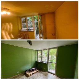 Krystian Miącz USŁUGI REMONTOWE - Zdjęcie typu 'przed i po' przedstawiające pokój z balkonem: górna część ukazuje pomieszczenie w żółtym kolorze z widocznymi niedoskonałościami na ścianach i suficie, dolna część prezentuje ten sam...