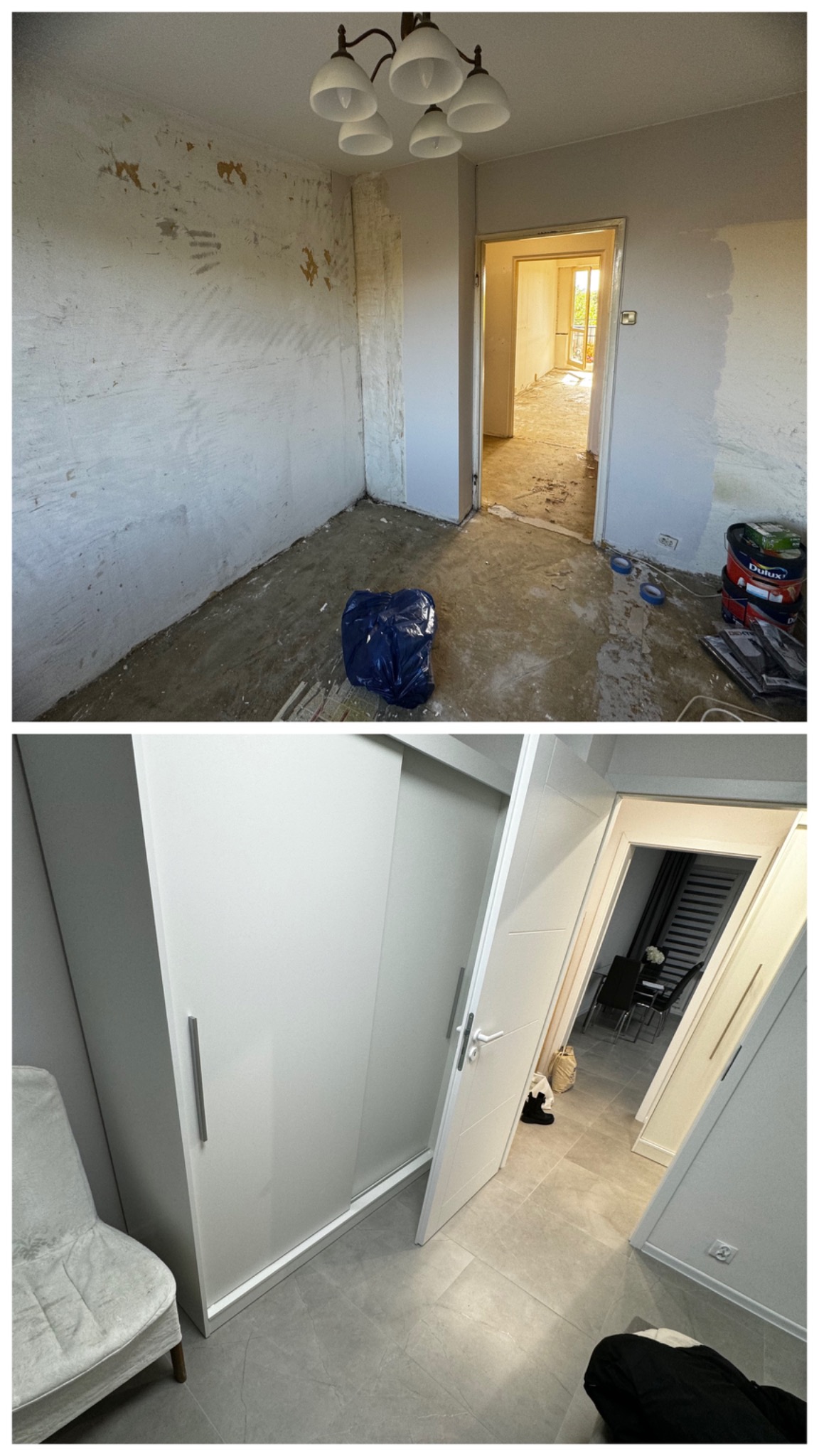 Porównanie stanu pokoju przed i po remoncie: ściany w trakcie szpachlowania i malowania, widoczne ślady po starej farbie, na podłodze resztki gruzu i worki na śmieci, a poniżej odnowione wnętrze...