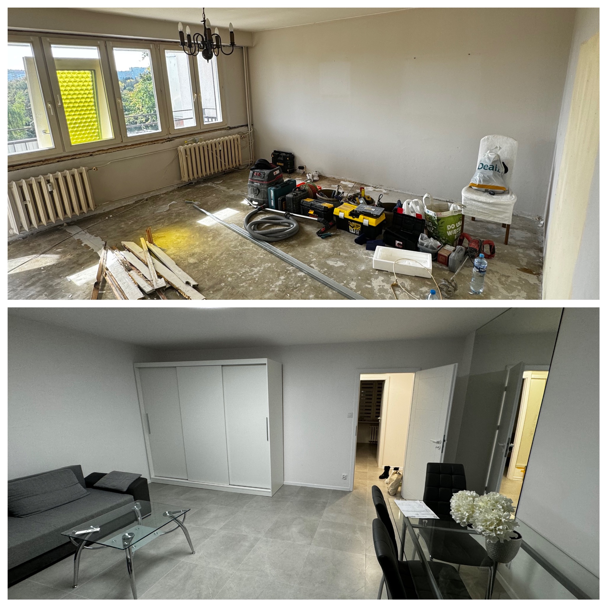 Zdjęcie przedstawia porównanie stanu pokoju przed i po remoncie. Na górze widoczny pokój w trakcie prac: gołe ściany, odsłonięty grzejnik, narzędzia i materiały budowlane porozrzucane na podłodze.