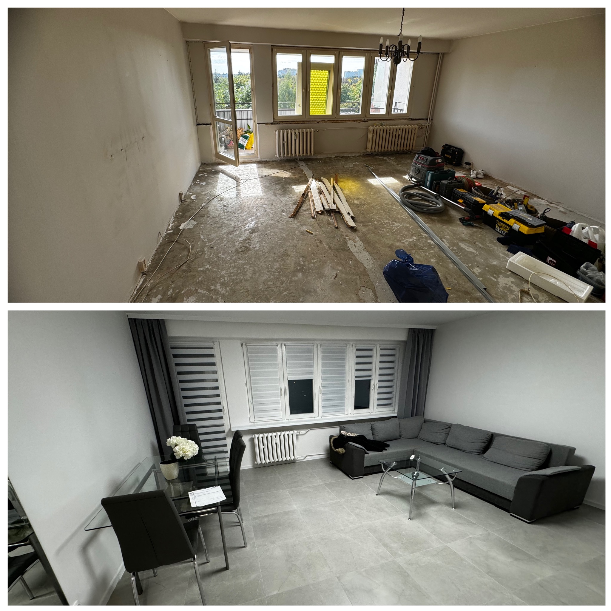 Porównanie stanu mieszkania w Lublinie przed i po remoncie: od surowych ścian i zdemontowanej podłogi z widocznymi narzędziami, po nowoczesne wnętrze z szarymi płytkami, meblami i roletami.