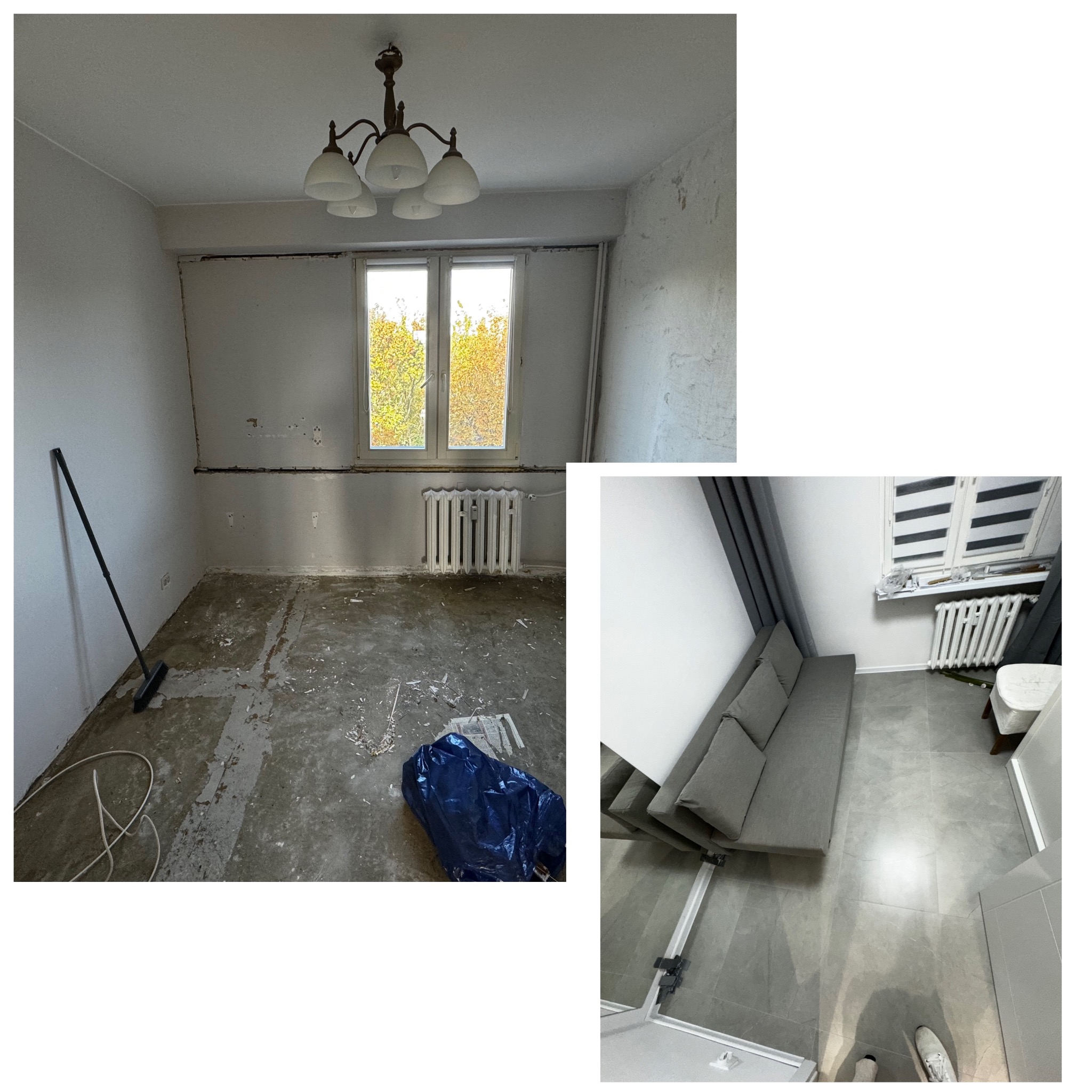 Pokój przed i po remoncie: widok na surowy pokój z resztkami starej podłogi i odrapanymi ścianami oraz pokój po remoncie z szarą sofą i nową podłogą z płytek.