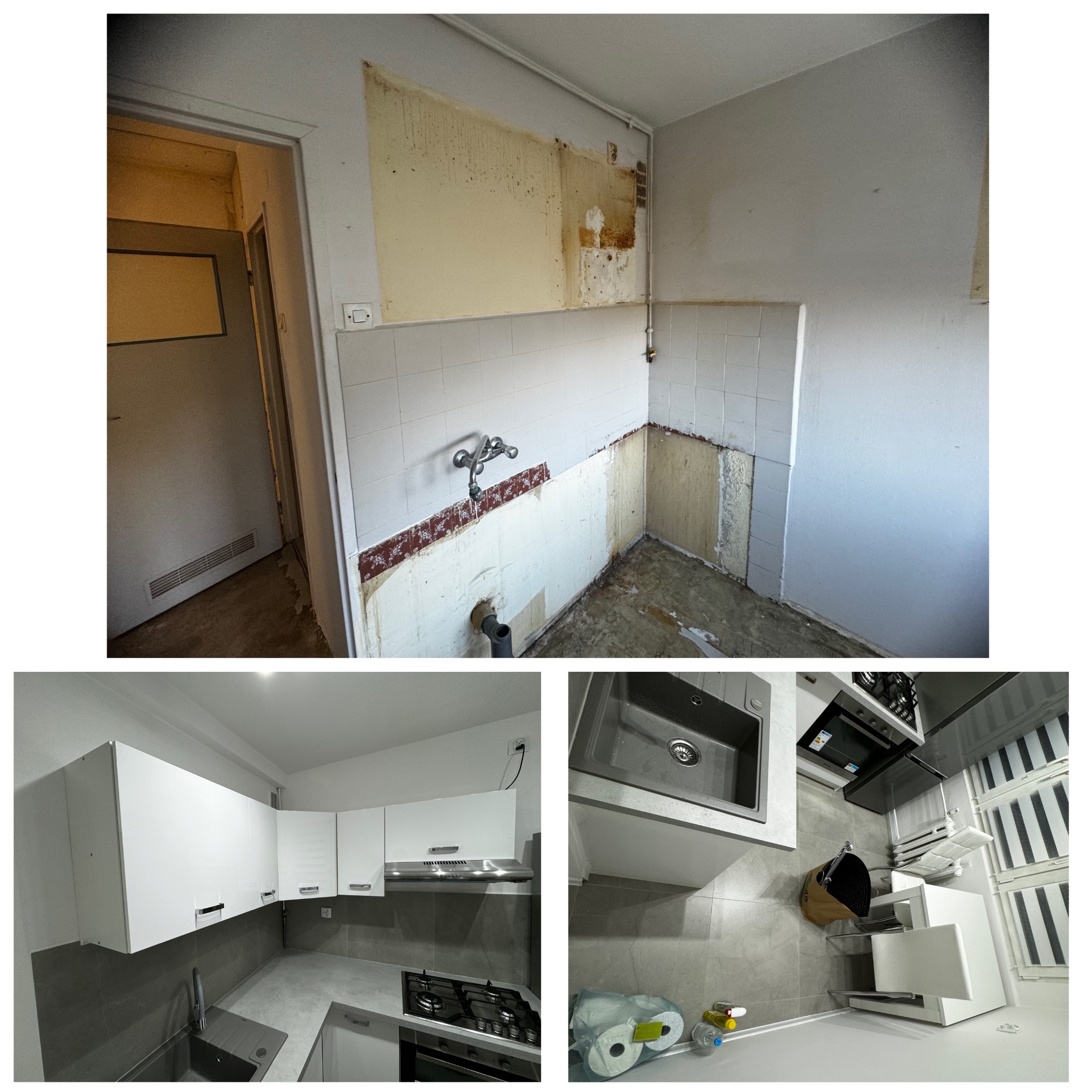 Kolaż przedstawiający kuchnię przed i po. Górne zdjęcie ukazuje stan surowy z odsłoniętymi fragmentami ścian i instalacją hydrauliczną. Dolne zdjęcia prezentują nowoczesną kuchnię z białymi...