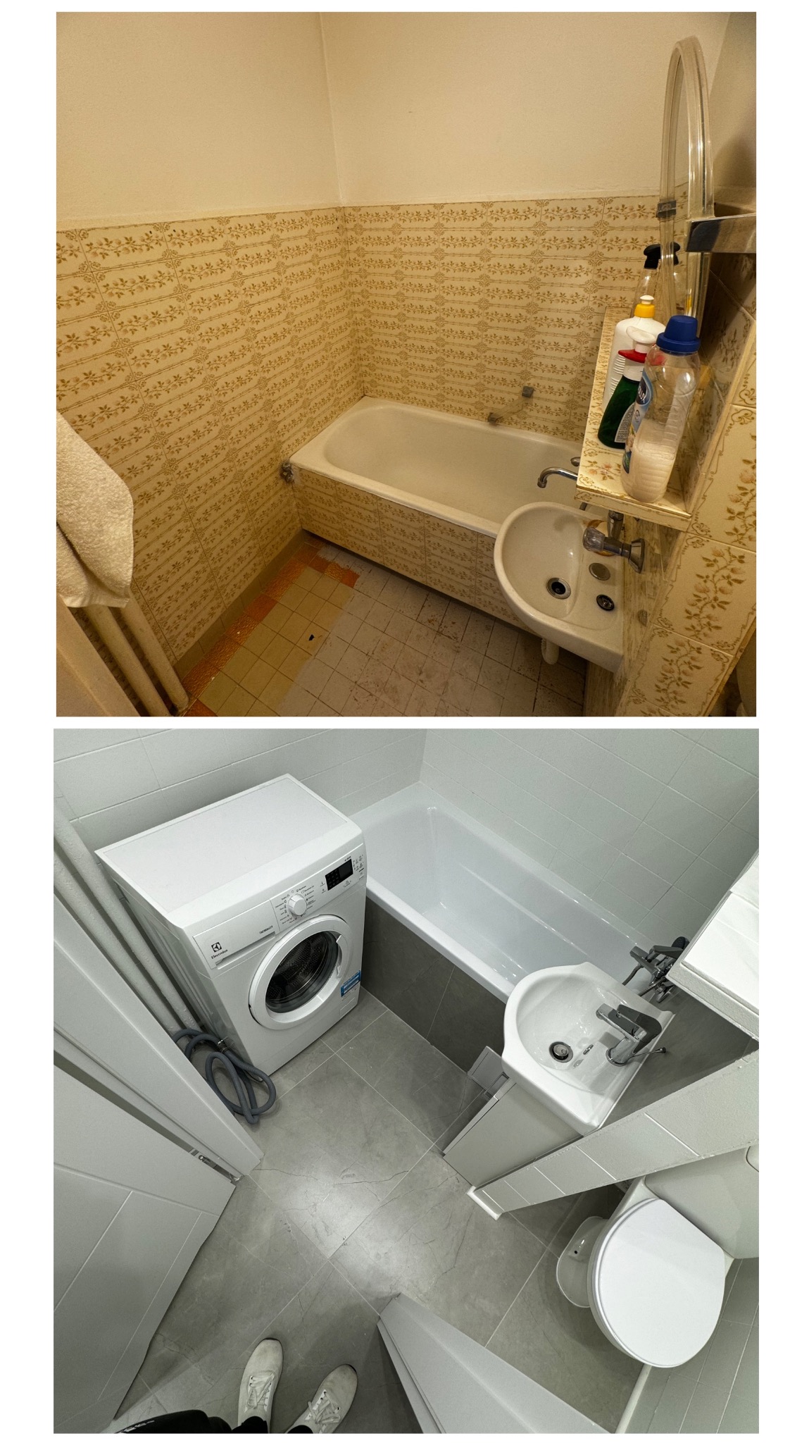 Porównanie łazienki przed i po: Stare, wzorzyste płytki ceramiczne kontra nowoczesne, szare wykończenie z pralką.