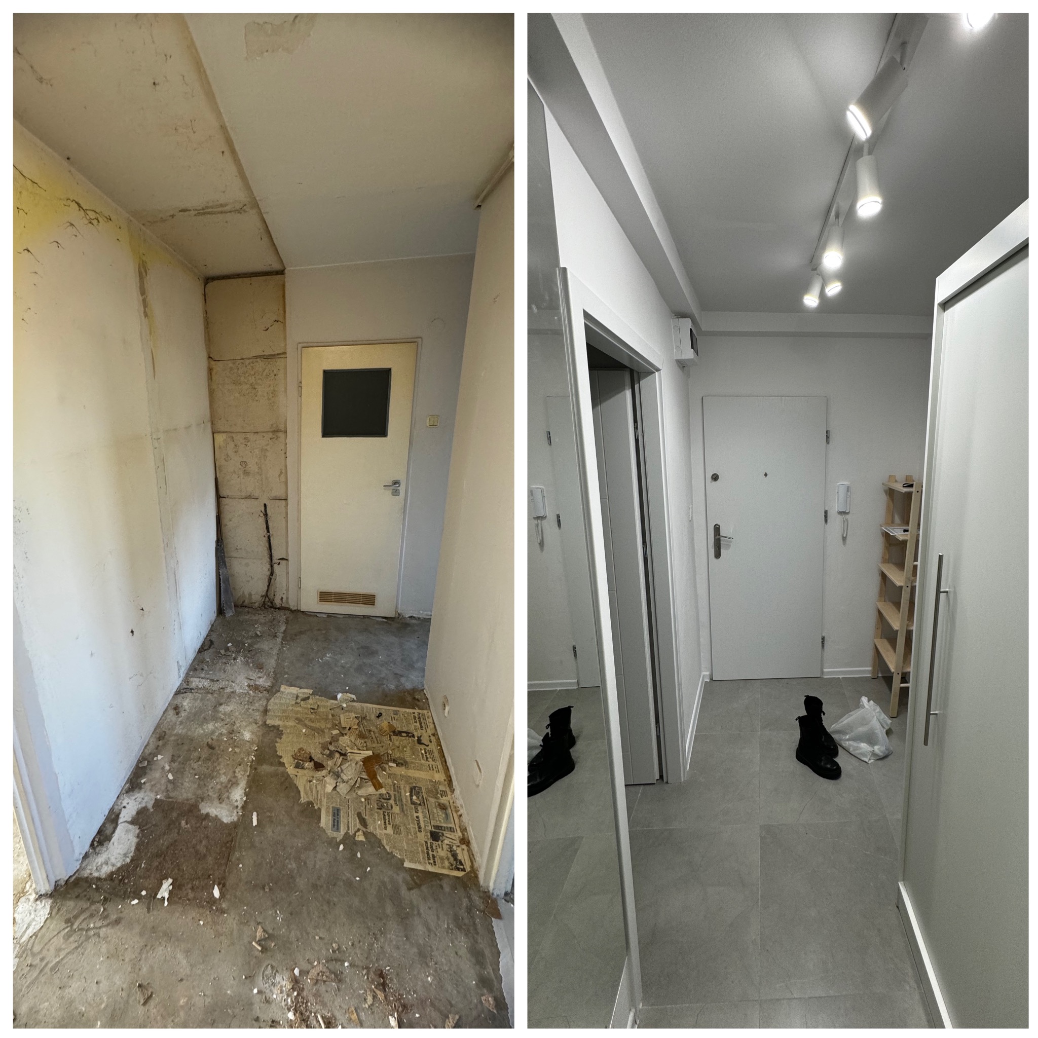 Porównanie stanu korytarza przed i po: surowe ściany z resztkami tapet i zniszczoną podłogą kontra odnowione wnętrze z gładkimi ścianami, szarą podłogą i nowoczesnym oświetleniem.