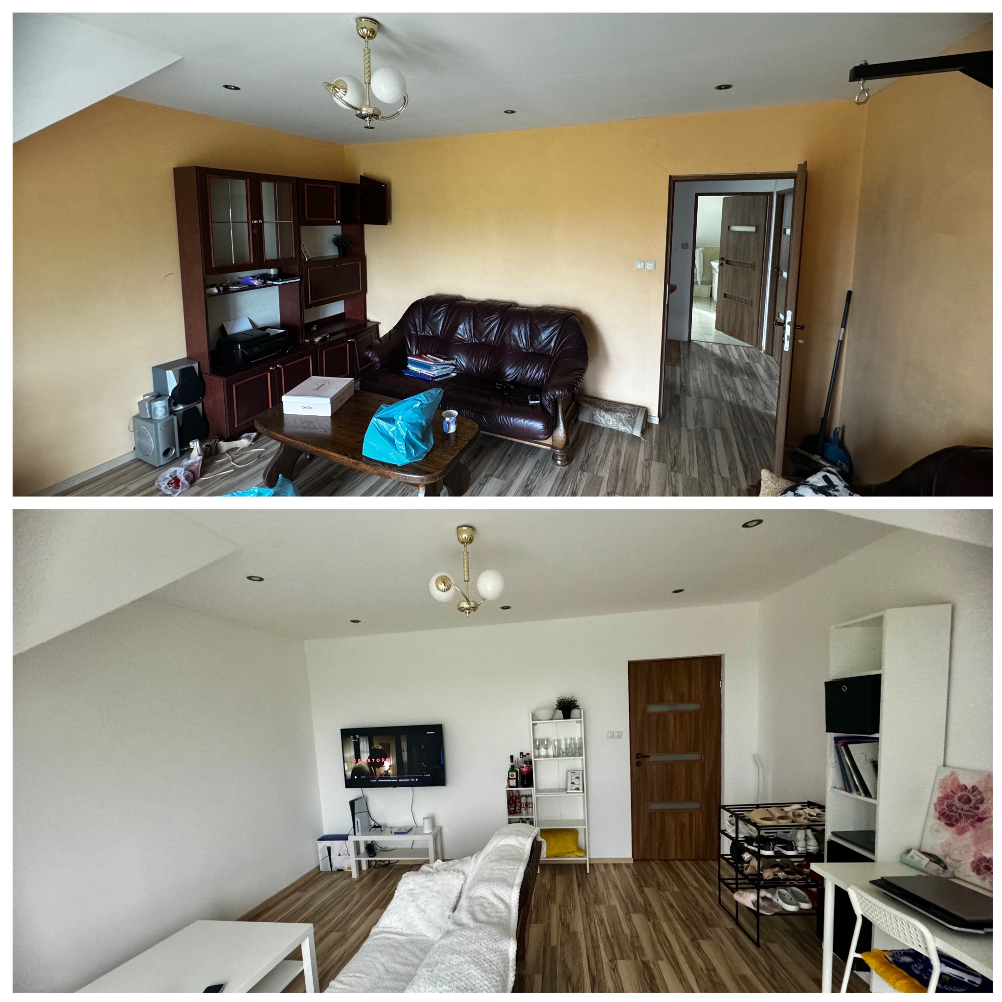 Porównanie salonu przed i po odświeżeniu: od pomarańczowych ścian i ciemnych mebli do jasnych, białych ścian i nowoczesnego wystroju.