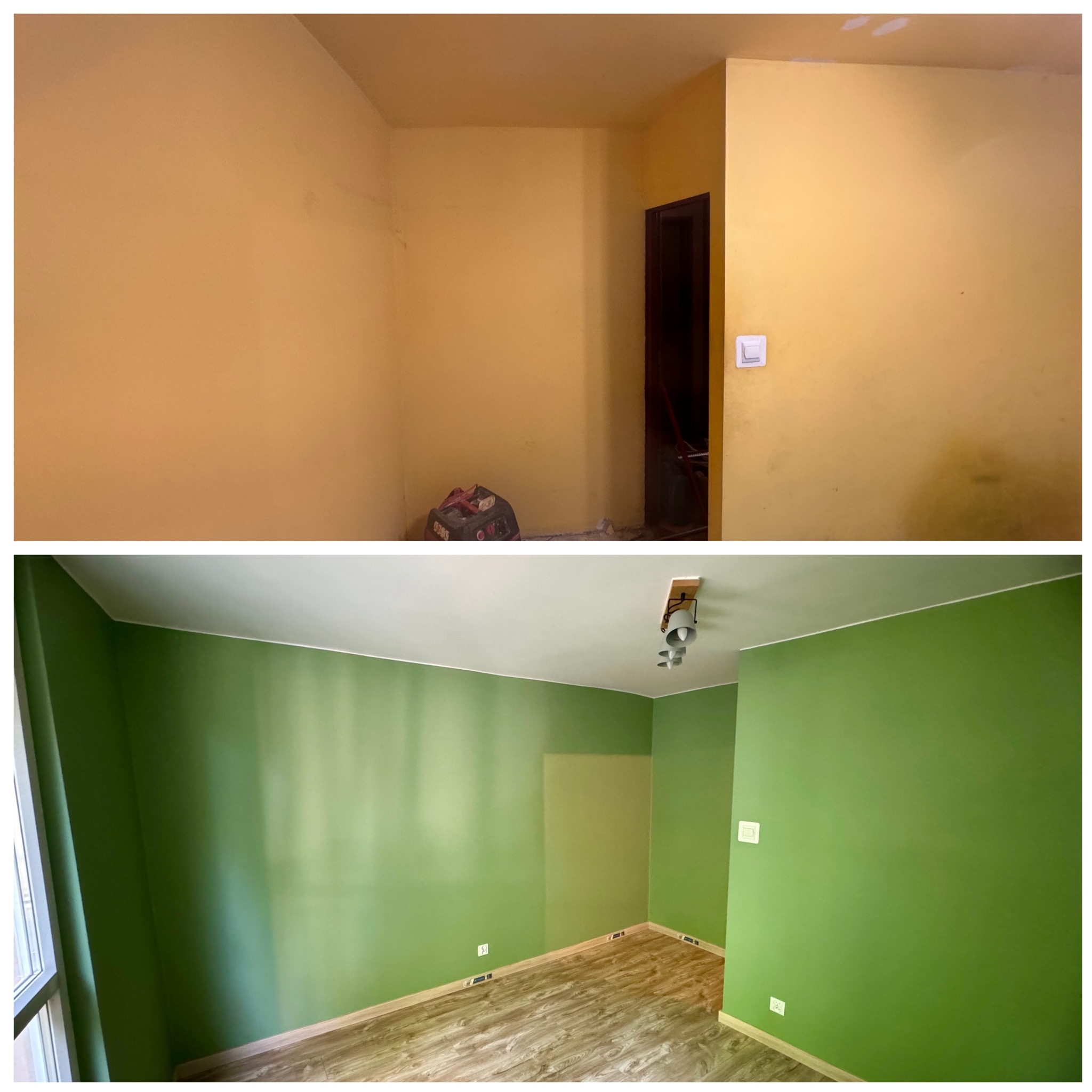 Porównanie pokoju przed i po odświeżeniu: żółte ściany z workiem gruzu kontra zielone ściany z panelami podłogowymi i listwami przypodłogowymi.