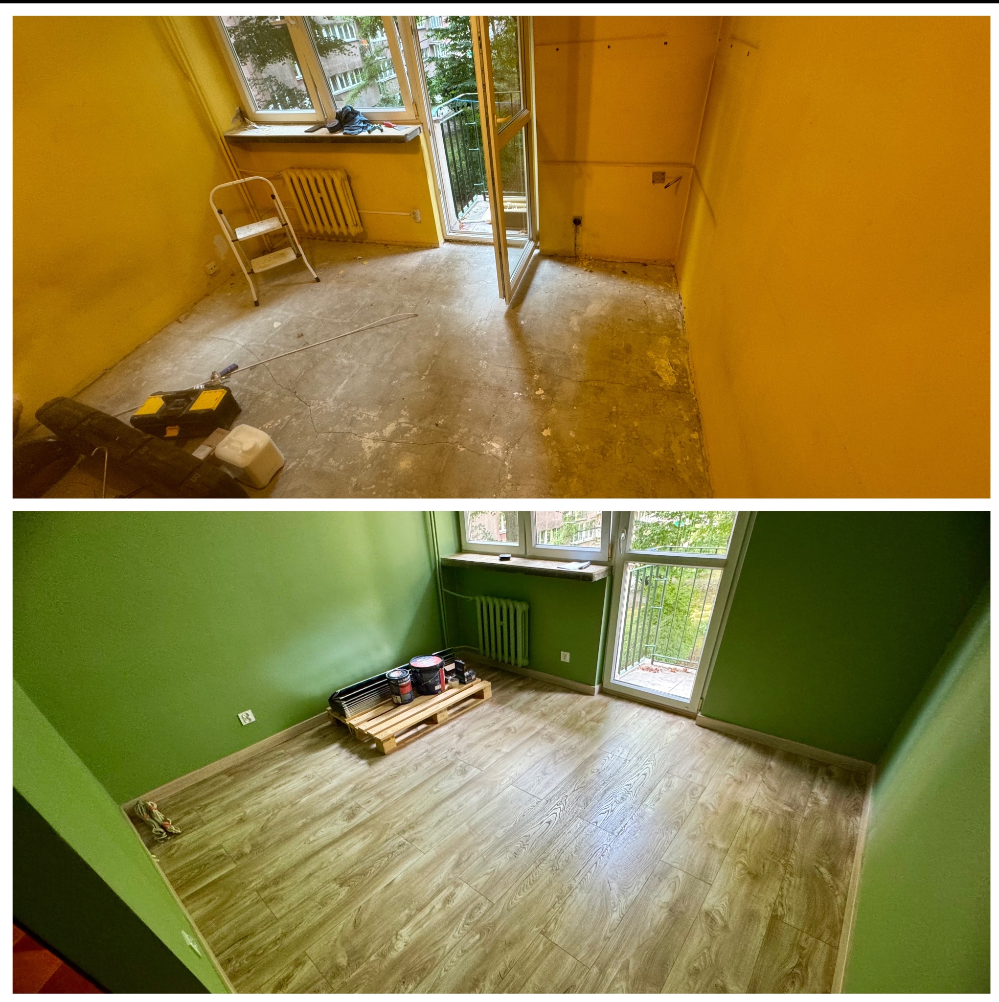Zdjęcie przedstawia metamorfozę pokoju: od żółtych ścian i surowego podłoża do zielonych ścian i ułożonych paneli podłogowych. Na dole paleta z puszkami farby w rogu pomieszczenia.