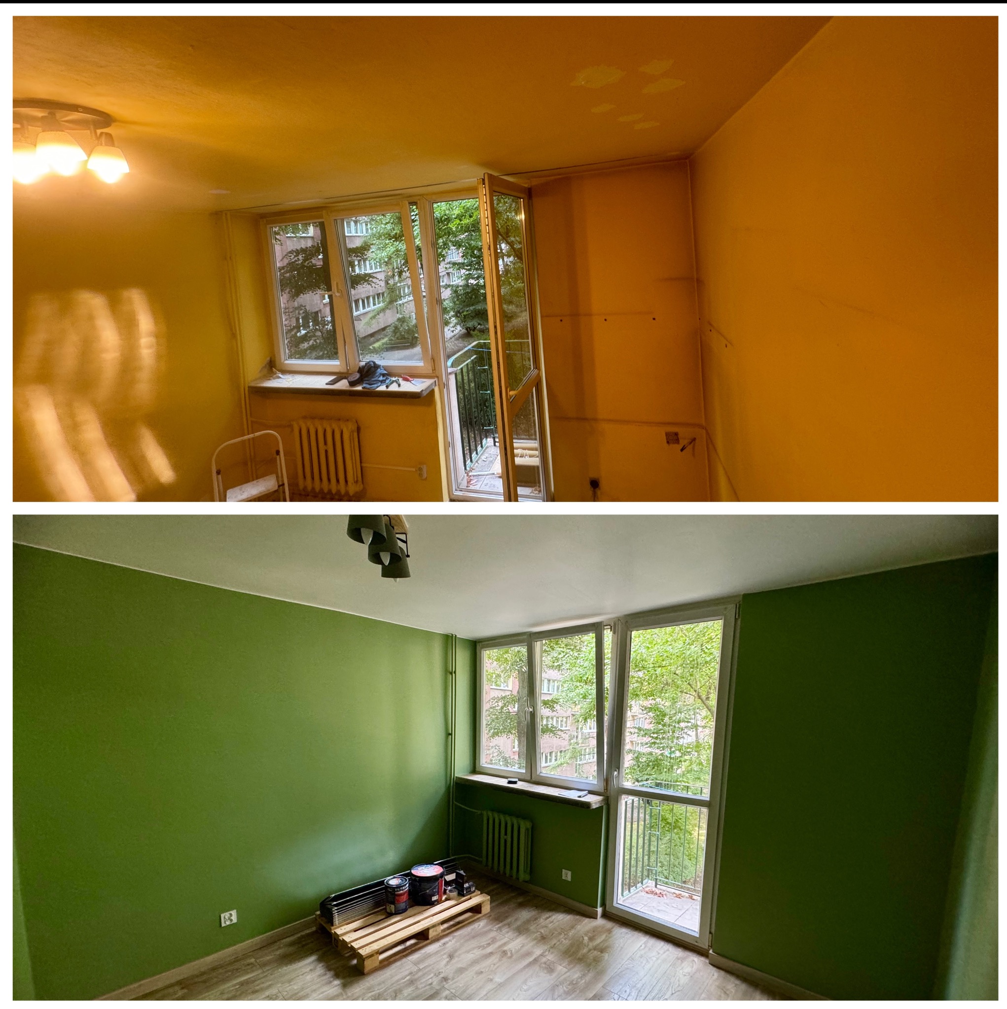 Zdjęcie typu 'przed i po' przedstawiające pokój z balkonem: górna część ukazuje pomieszczenie w żółtym kolorze z widocznymi niedoskonałościami na ścianach i suficie, dolna część prezentuje ten sam...