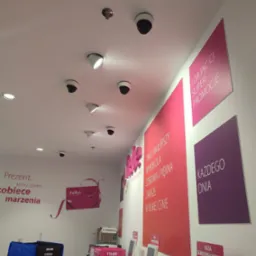 Sufit sklepu z zainstalowanymi różnymi modelami kamer przemysłowych i oświetlenia punktowego, widok z dołu.