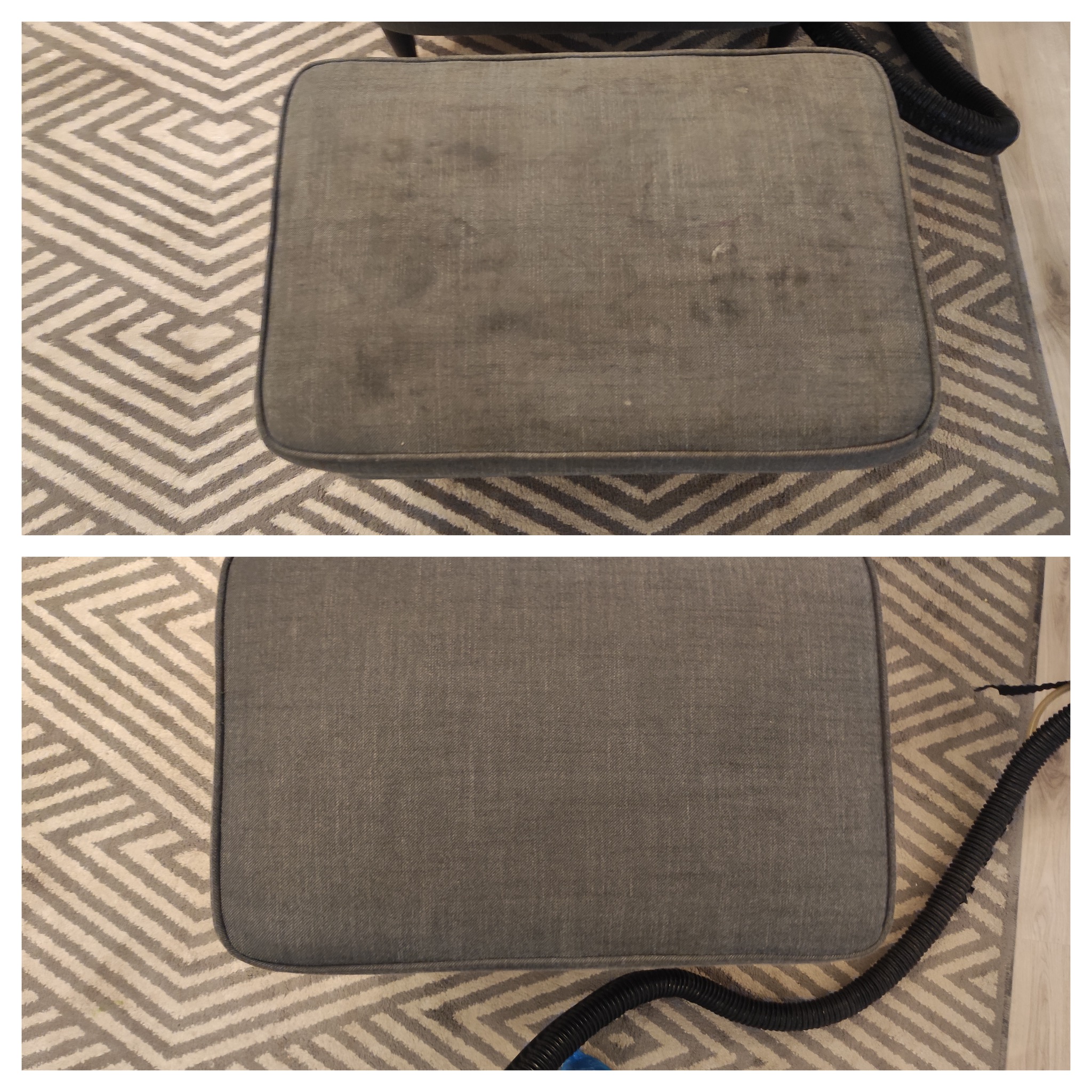 Porównanie stanu pufy tapicerowanej przed i po czyszczeniu, widoczne usunięte plamy na szarym materiale, obok leży wąż odkurzacza piorącego na tle dywanu w geometryczne wzory.