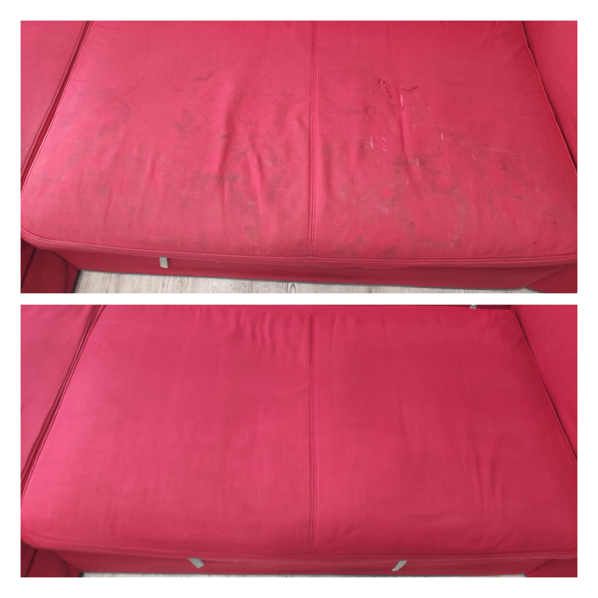 Czerwona sofa z widocznymi plamami przed i po czyszczeniu, ukazująca efekt usługi.