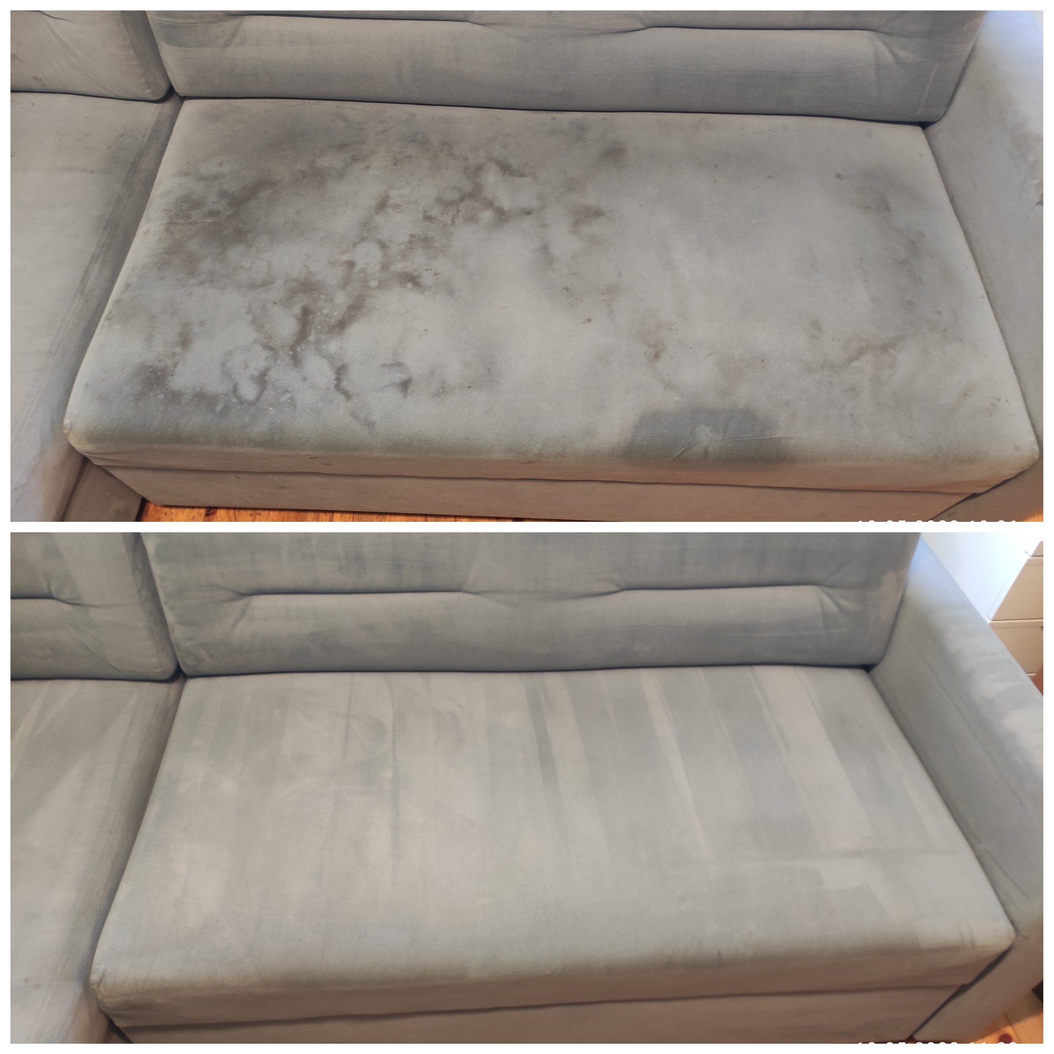 Porównanie: Zabrudzone siedzisko sofy przed i po czyszczeniu, ukazujące efektywność prania tapicerki.