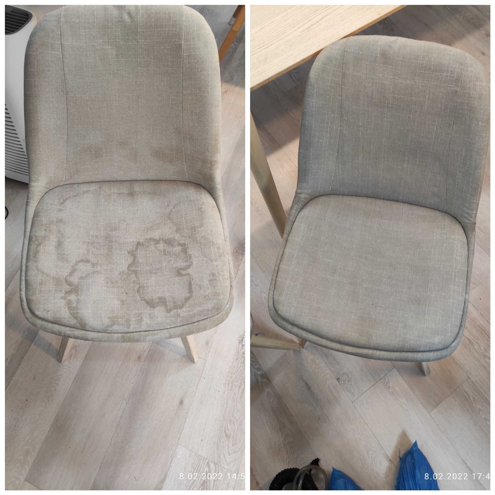 Krzesło tapicerowane przed i po czyszczeniu, widoczne plamy na siedzisku przed zabiegiem, po czyszczeniu tapicerka jednolita, jasnoszara.