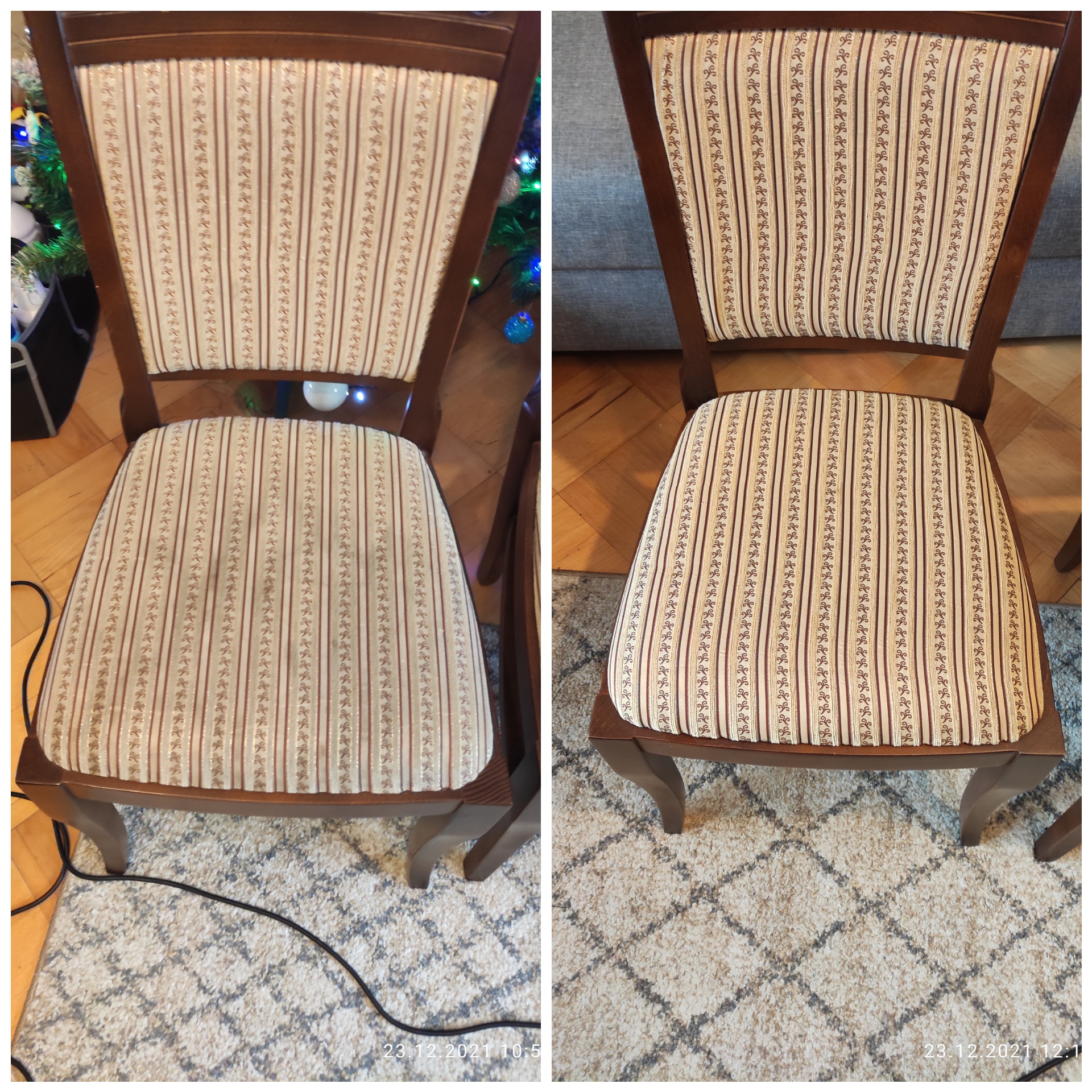 Dwa zdjęcia krzesła z tapicerowanym siedziskiem i oparciem w brązowe paski i wzory. Lewe zdjęcie przedstawia krzesło na tle choinki, a prawe na tle szarej kanapy. Widoczne różnice w oświetleniu...