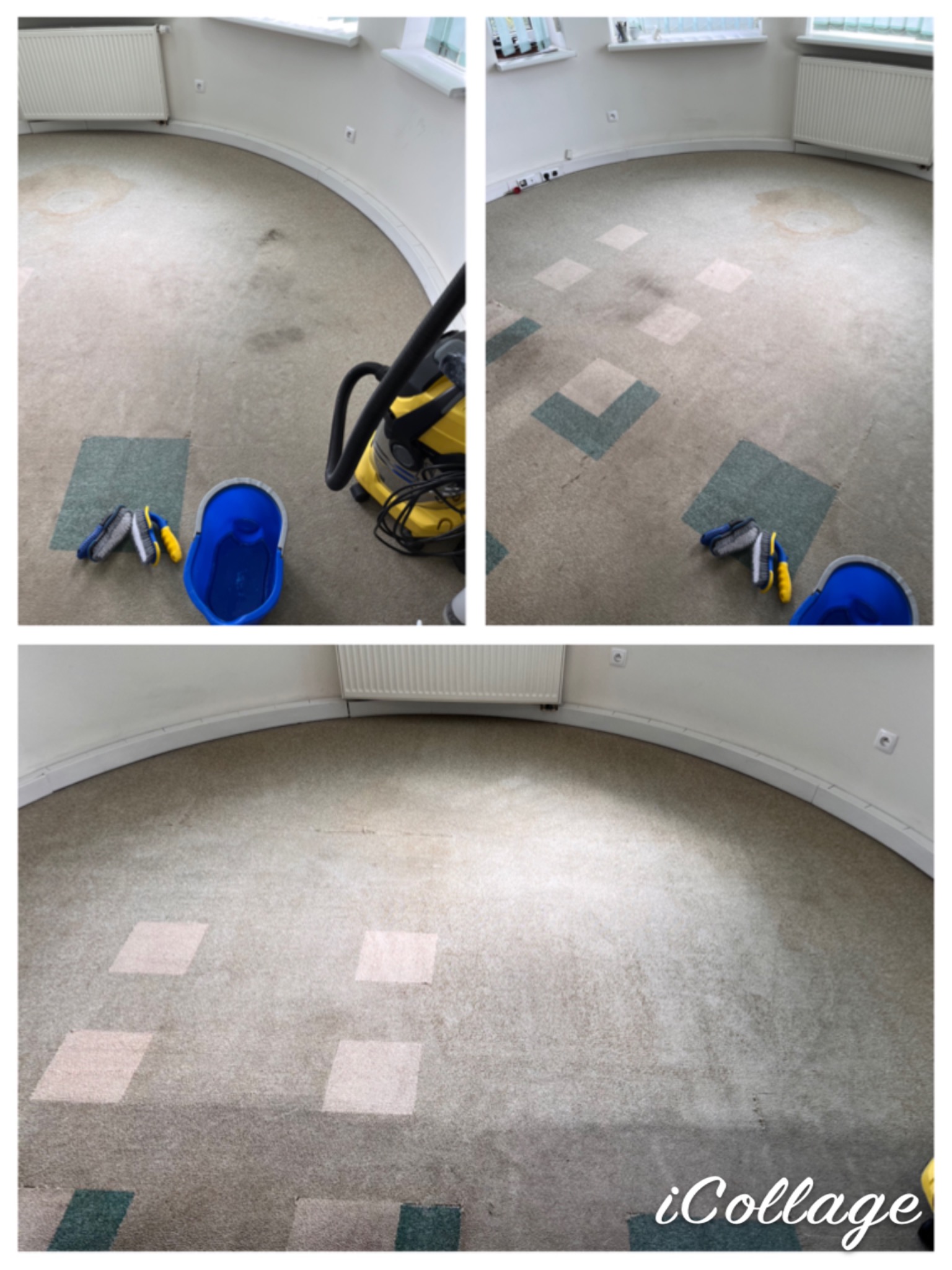 Kolaż przedstawiający dywan przed, w trakcie i po czyszczeniu punktowym, z widocznym odkurzaczem piorącym, szczotkami i wiadrem w rogu pomieszczenia.
