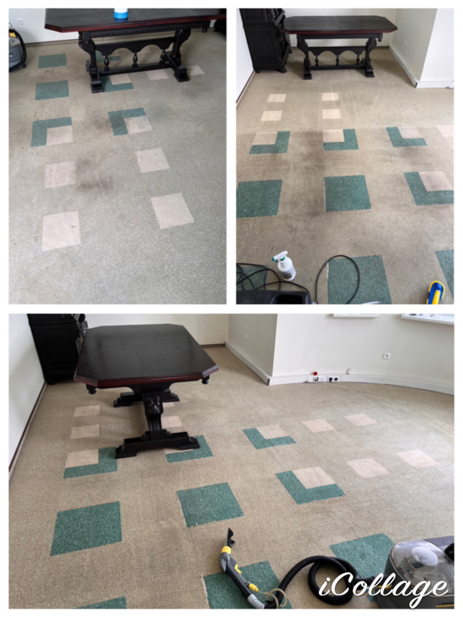 Kolaż zdjęć przedstawiający dywan w kwadraty przed i po czyszczeniu, widoczne meble oraz sprzęt do czyszczenia dywanów.