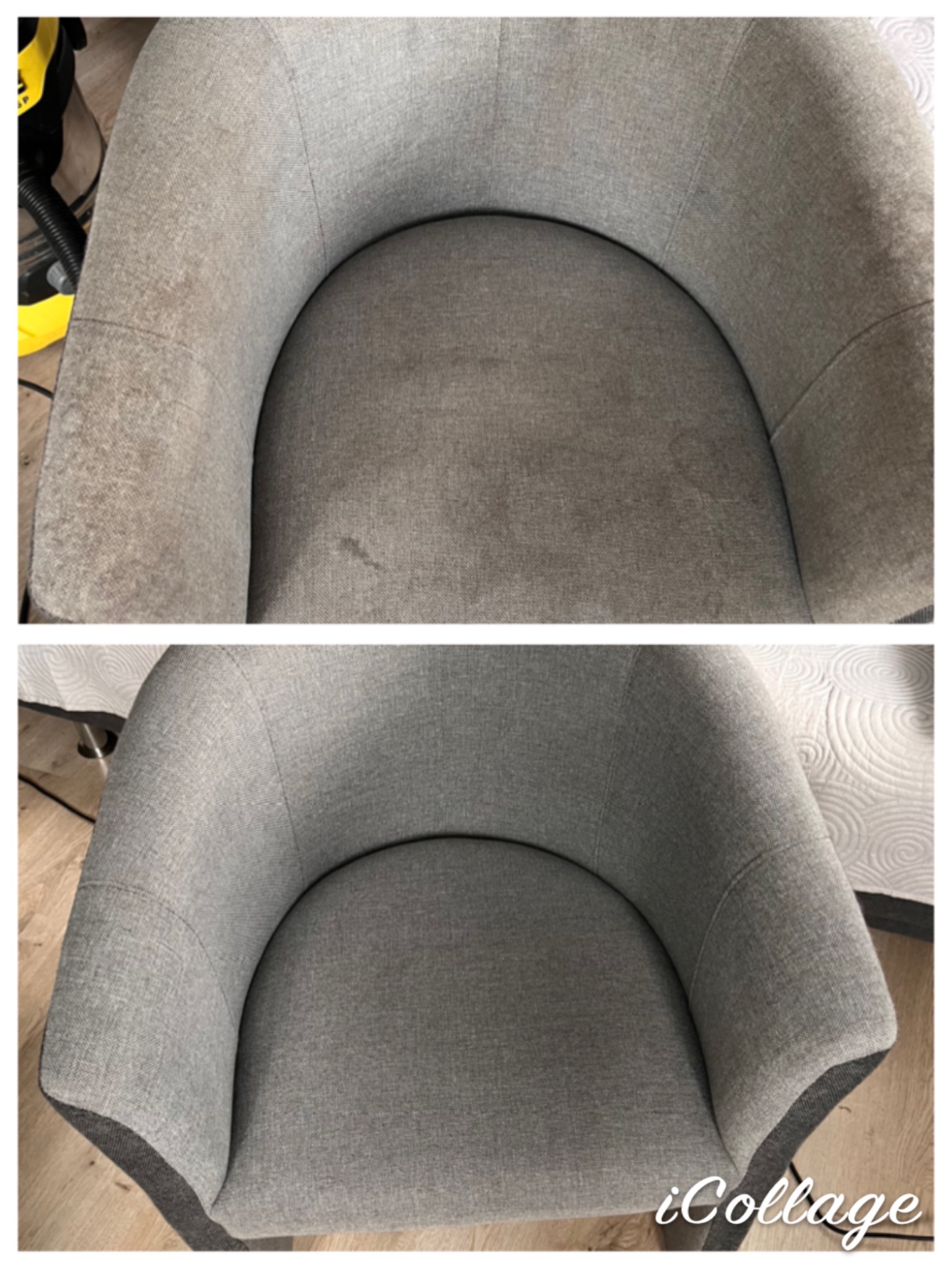 Porównanie fotela tapicerowanego przed i po czyszczeniu, widoczne wyraźne różnice w usunięciu plam i zabrudzeń na szarej tkaninie.