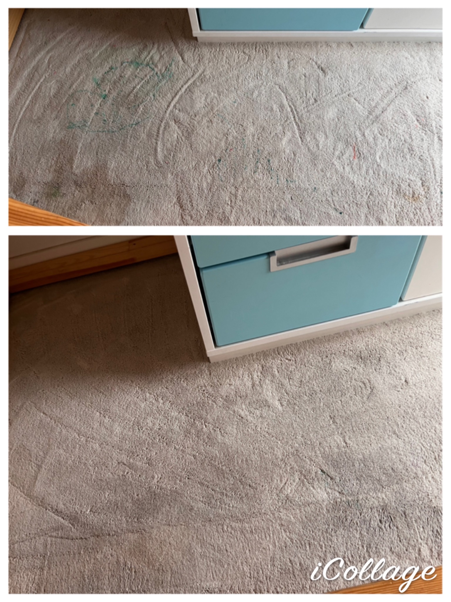 Beżowy dywan z widocznymi śladami po pisakach i zabrudzeniami, sfotografowany z góry obok mebli z niebieskimi szufladami.