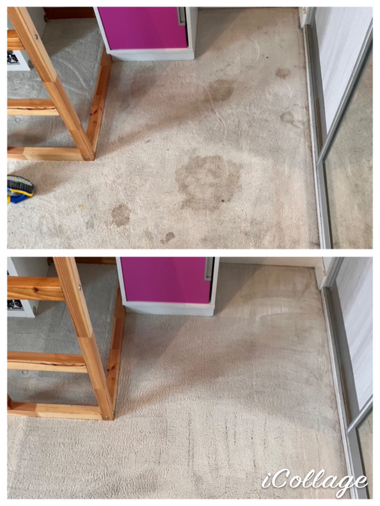 Porównanie fragmentu jasnego dywanu przed i po czyszczeniu, widoczne plamy zredukowane, fragment drabinki łóżka piętrowego i szafy z różowym frontem.