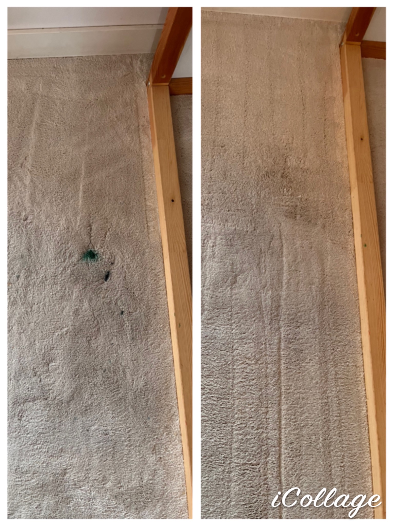 Kolaż przedstawiający dywan przed i po czyszczeniu; po lewej widoczne zielone plamy, po prawej dywan po praniu z widocznymi śladami po czyszczeniu.