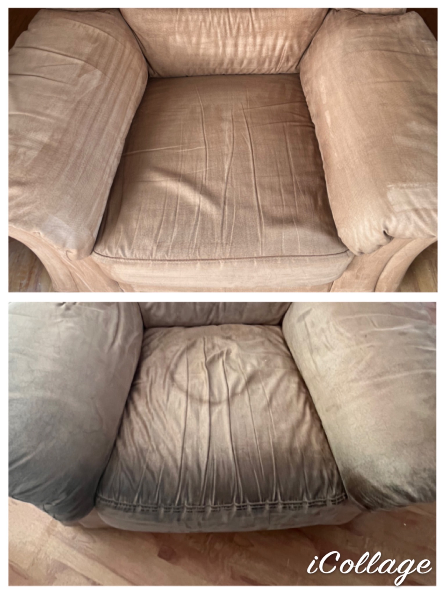 Porównanie stanu fotela tapicerowanego przed i po czyszczeniu: widoczne wyraźne różnice w kolorze i czystości, szczególnie na siedzisku i podłokietnikach.