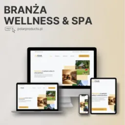 Prezentacja responsywnej strony internetowej branży wellness & spa na monitorze, laptopie, tablecie i smartfonie, z widocznym logo firmy Polar Products Polska i hasłem 'Harmonia z samym sobą i...