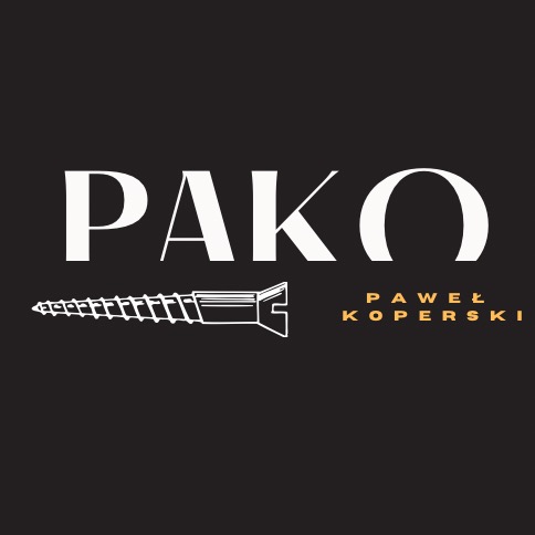 Logo firmy PAKO Paweł Koperski z graficznym przedstawieniem śruby na czarnym tle.