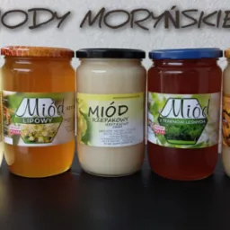 Pięć słoików z różnymi rodzajami nektarowych produktów w szklanych pojemnikach z etykietami producenta, ustawionych obok siebie na ciemnej powierzchni.