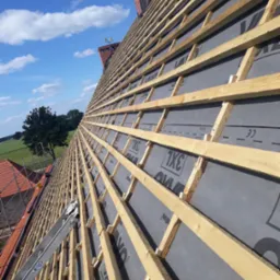 Konstrukcja drewniana dachu pokryta membraną, widok z perspektywy drabiny z elementami krajobrazu w tle.