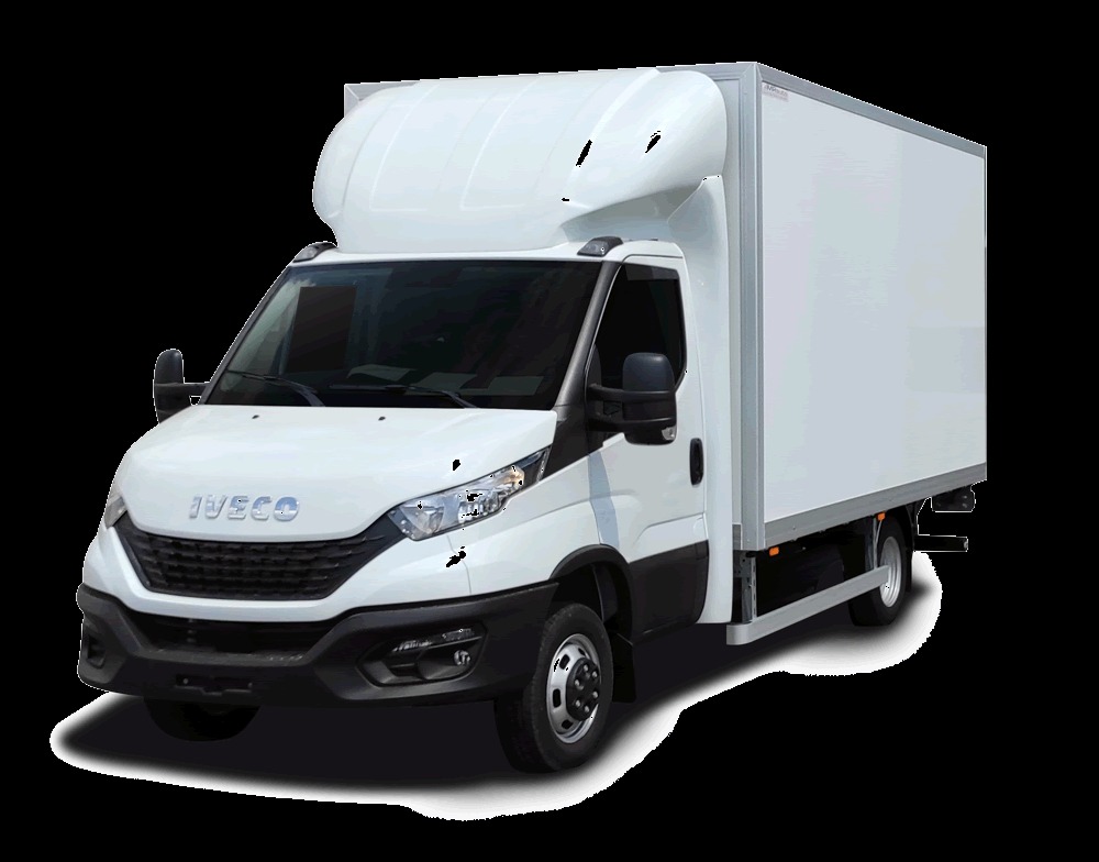 Biały samochód dostawczy marki Iveco z zabudową kontenerową, widok z przodu i boku, na jednolitym czarnym tle.